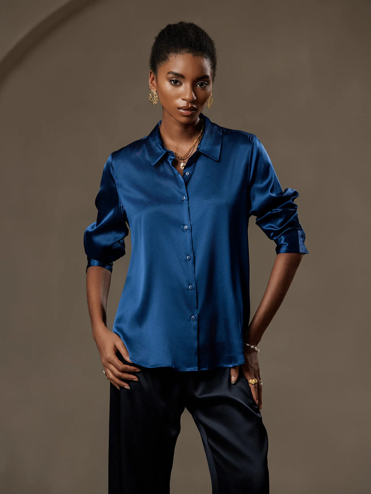 19Momme Silk Long Sleeve Lapel Collar Women's Shirt with Button Up Design - Image 104