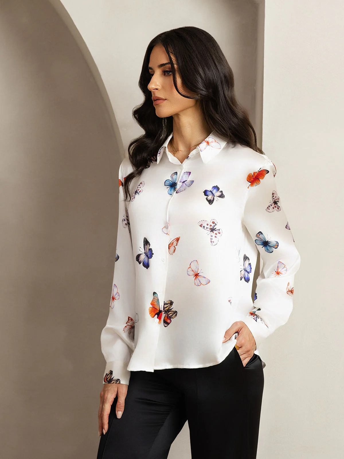 19Momme Silk Long Sleeve Lapel Collar Women's Shirt with Button Up Design - Image 121