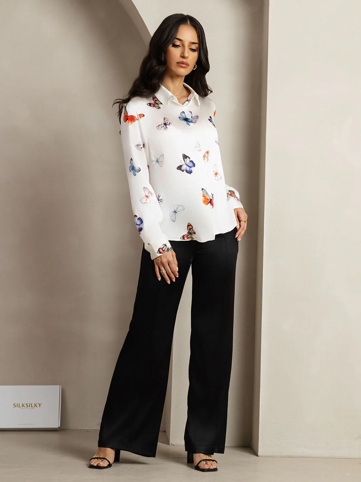 19Momme Silk Long Sleeve Lapel Collar Women's Shirt with Button Up Design - Image 123