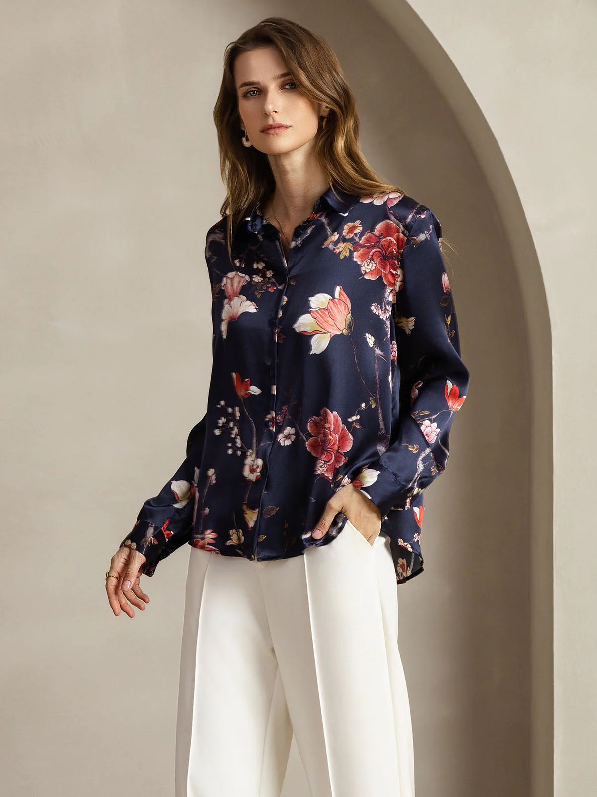 19Momme Silk Long Sleeve Lapel Collar Women's Shirt with Button Up Design - Image 127