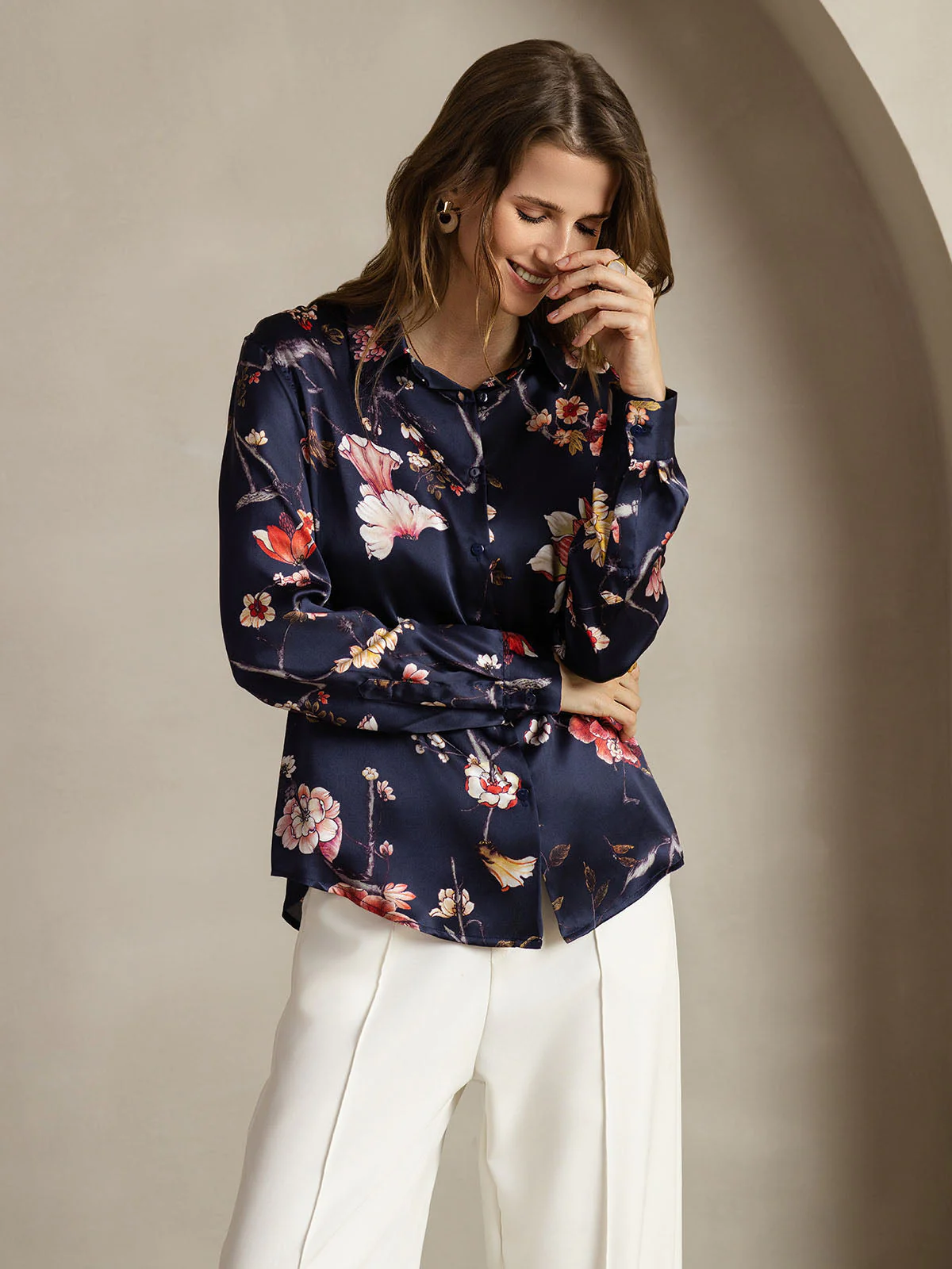 19Momme Silk Long Sleeve Lapel Collar Women's Shirt with Button Up Design - Image 128
