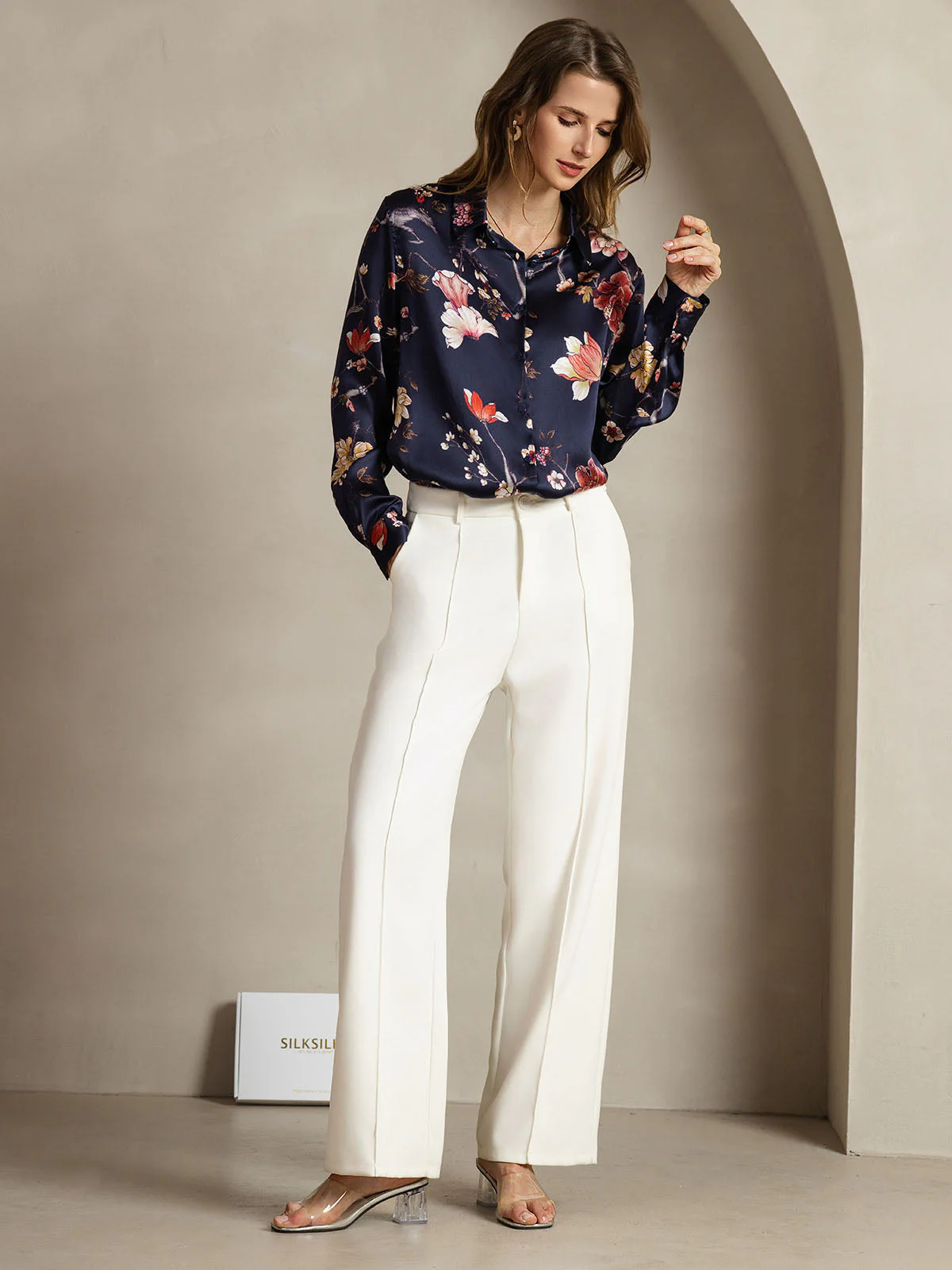 19Momme Silk Long Sleeve Lapel Collar Women's Shirt with Button Up Design - Image 129
