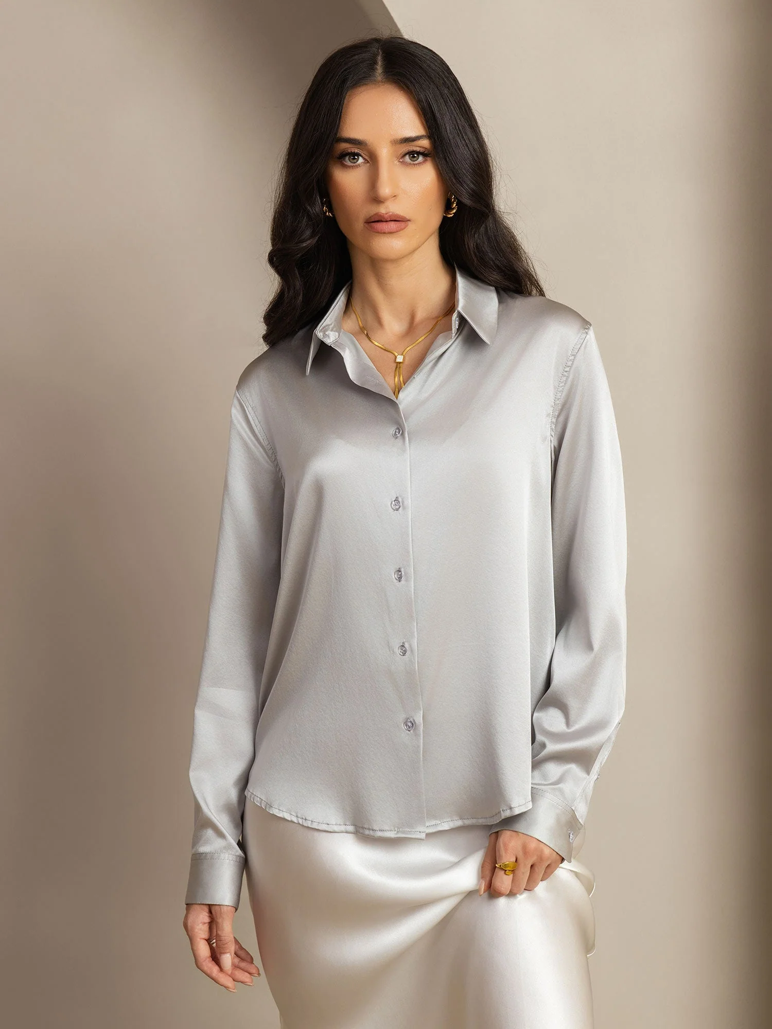 19Momme Silk Long Sleeve Lapel Collar Women's Shirt with Button Up Design - Image 130