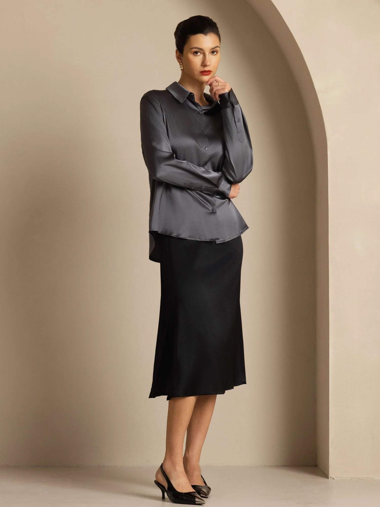 19Momme Silk Long Sleeve Lapel Collar Women's Shirt with Button Up Design - Image 138