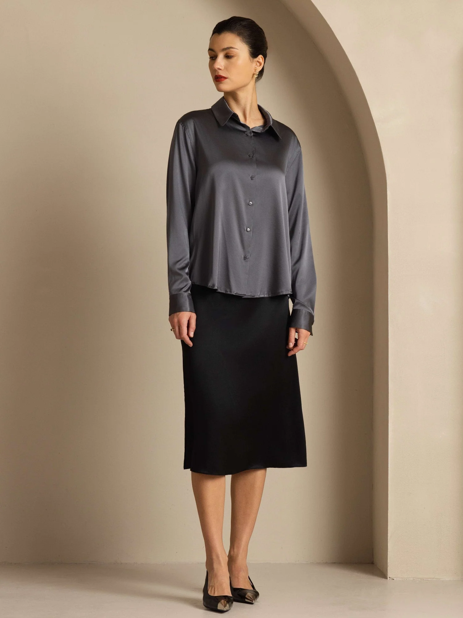 19Momme Silk Long Sleeve Lapel Collar Women's Shirt with Button Up Design - Image 145