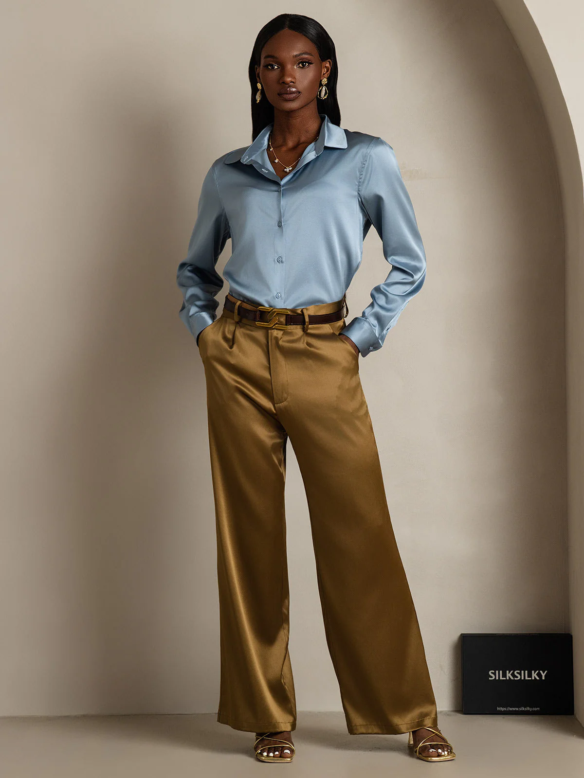 19Momme Silk Long Sleeve Lapel Collar Women's Shirt with Button Up Design - Image 35