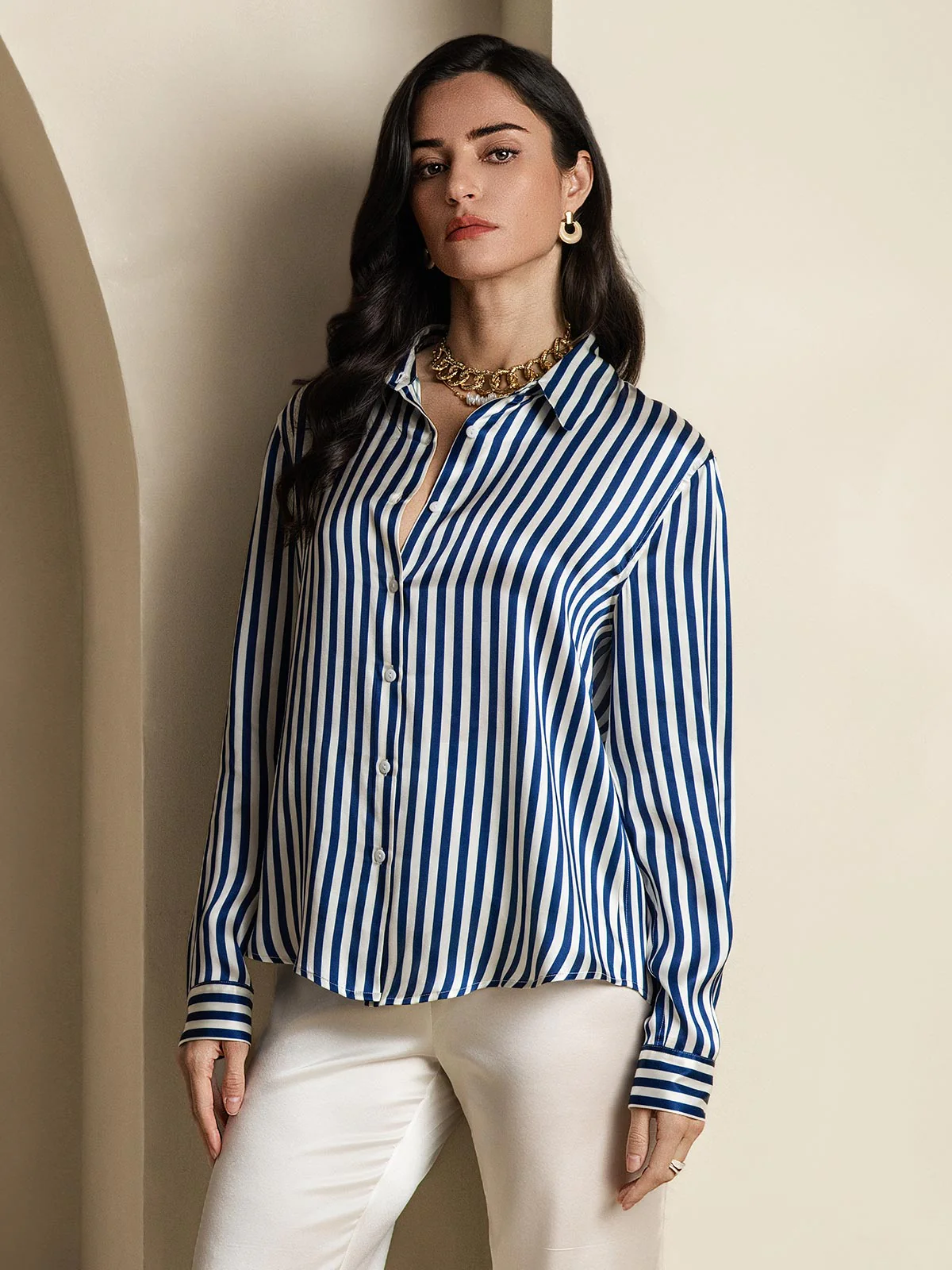 19Momme Silk Long Sleeve Lapel Collar Women's Shirt with Button Up Design - Image 4