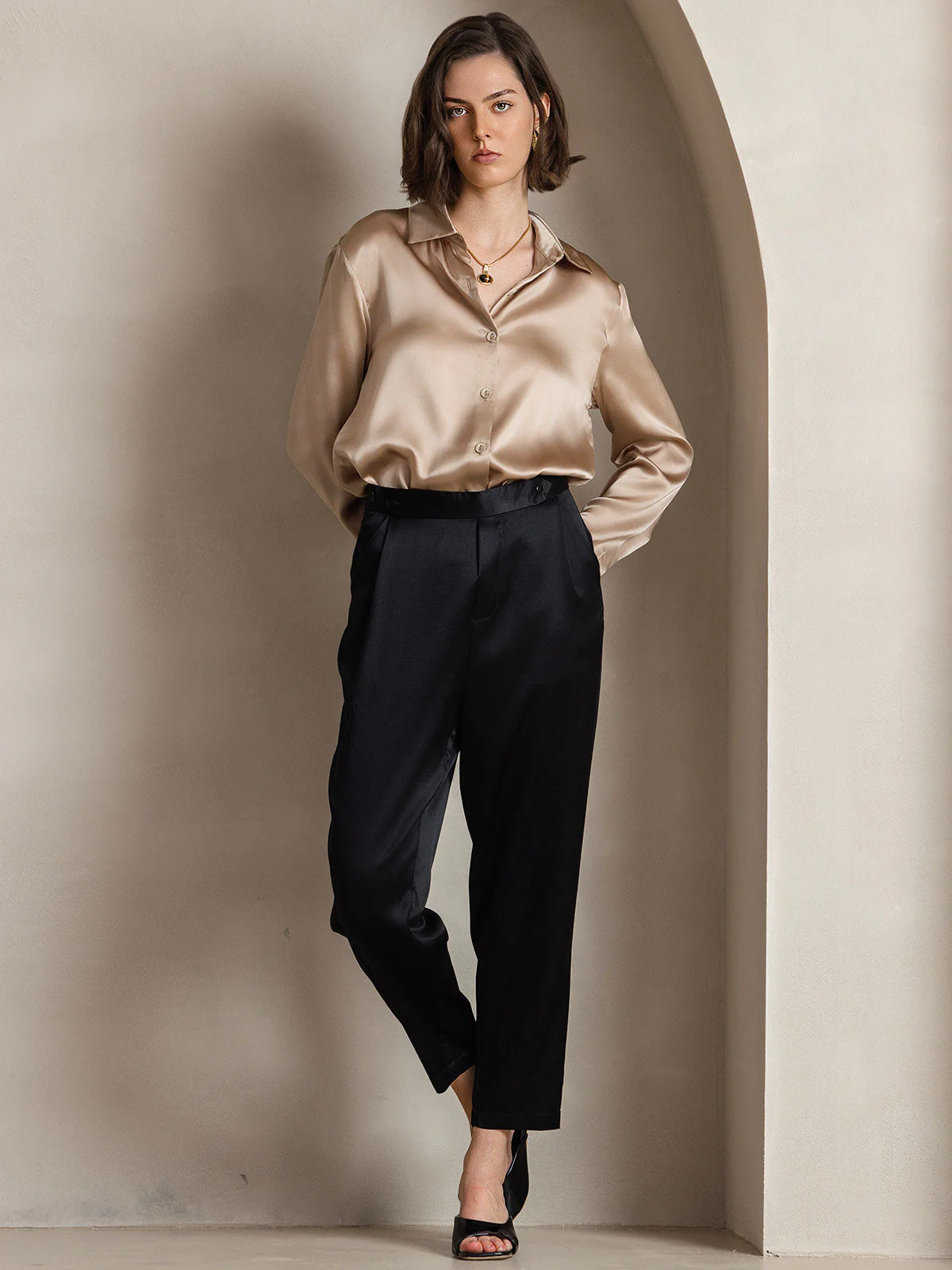 19Momme Silk Long Sleeve Lapel Collar Women's Shirt with Button Up Design - Image 69