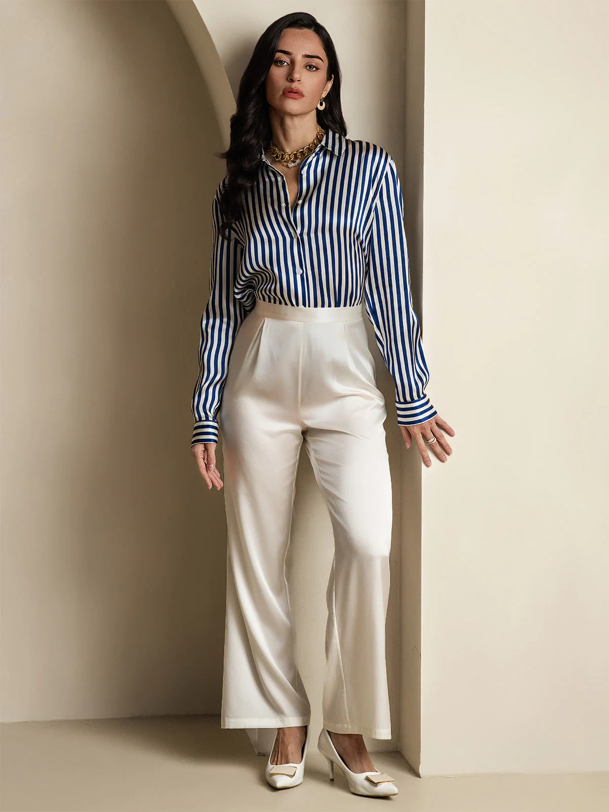 19Momme Silk Long Sleeve Lapel Collar Women's Shirt with Button Up Design - Image 7