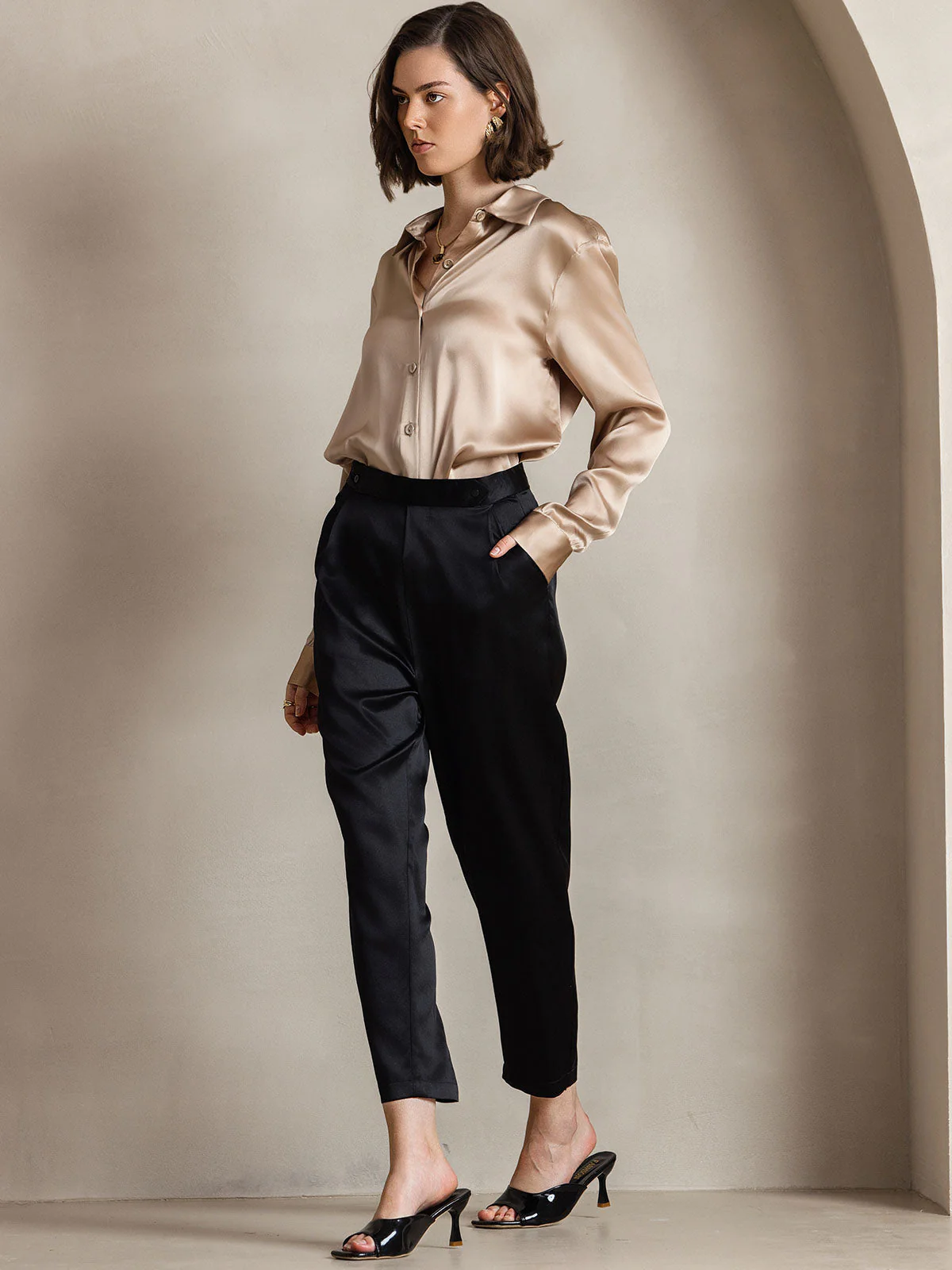 19Momme Silk Long Sleeve Lapel Collar Women's Shirt with Button Up Design - Image 71