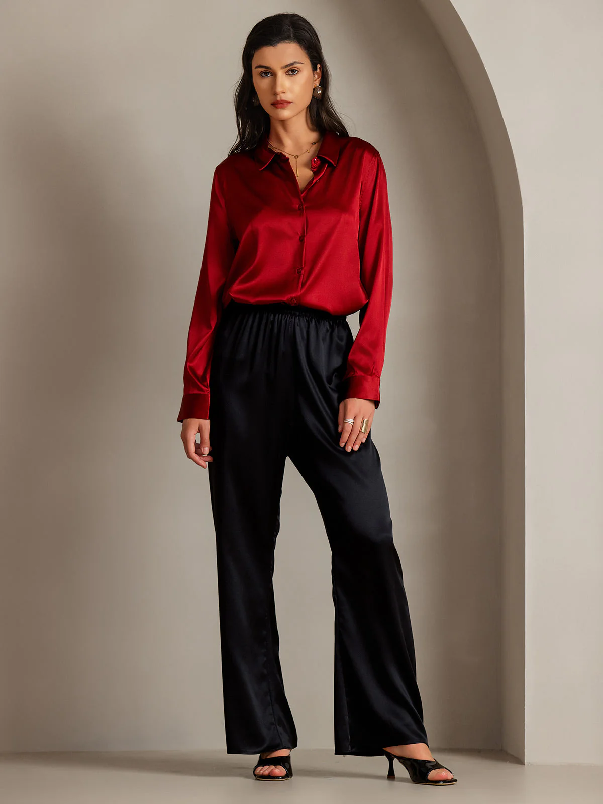 19Momme Silk Long Sleeve Lapel Collar Women's Shirt with Button Up Design - Image 75