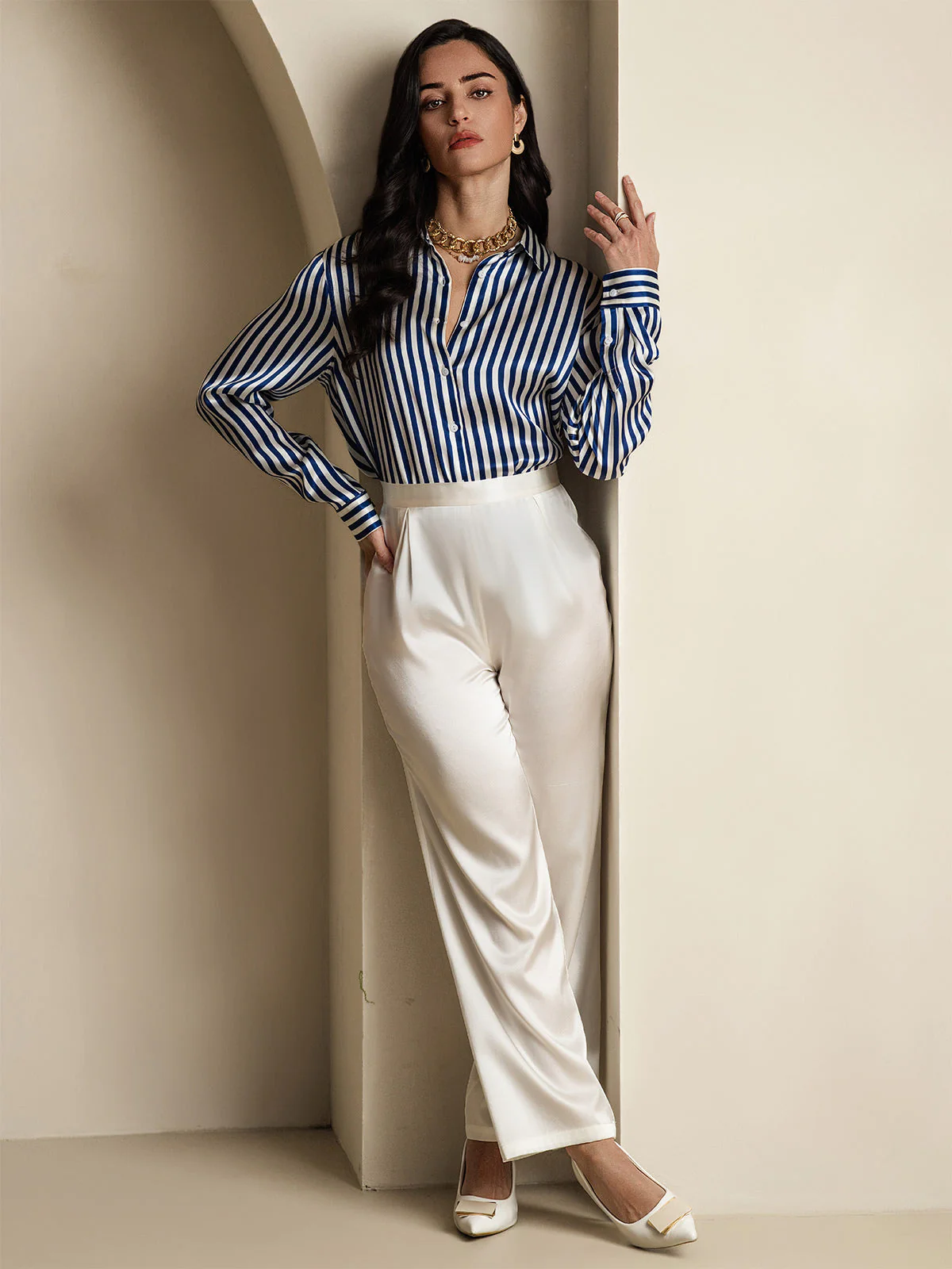19Momme Silk Long Sleeve Lapel Collar Women's Shirt with Button Up Design - Image 8