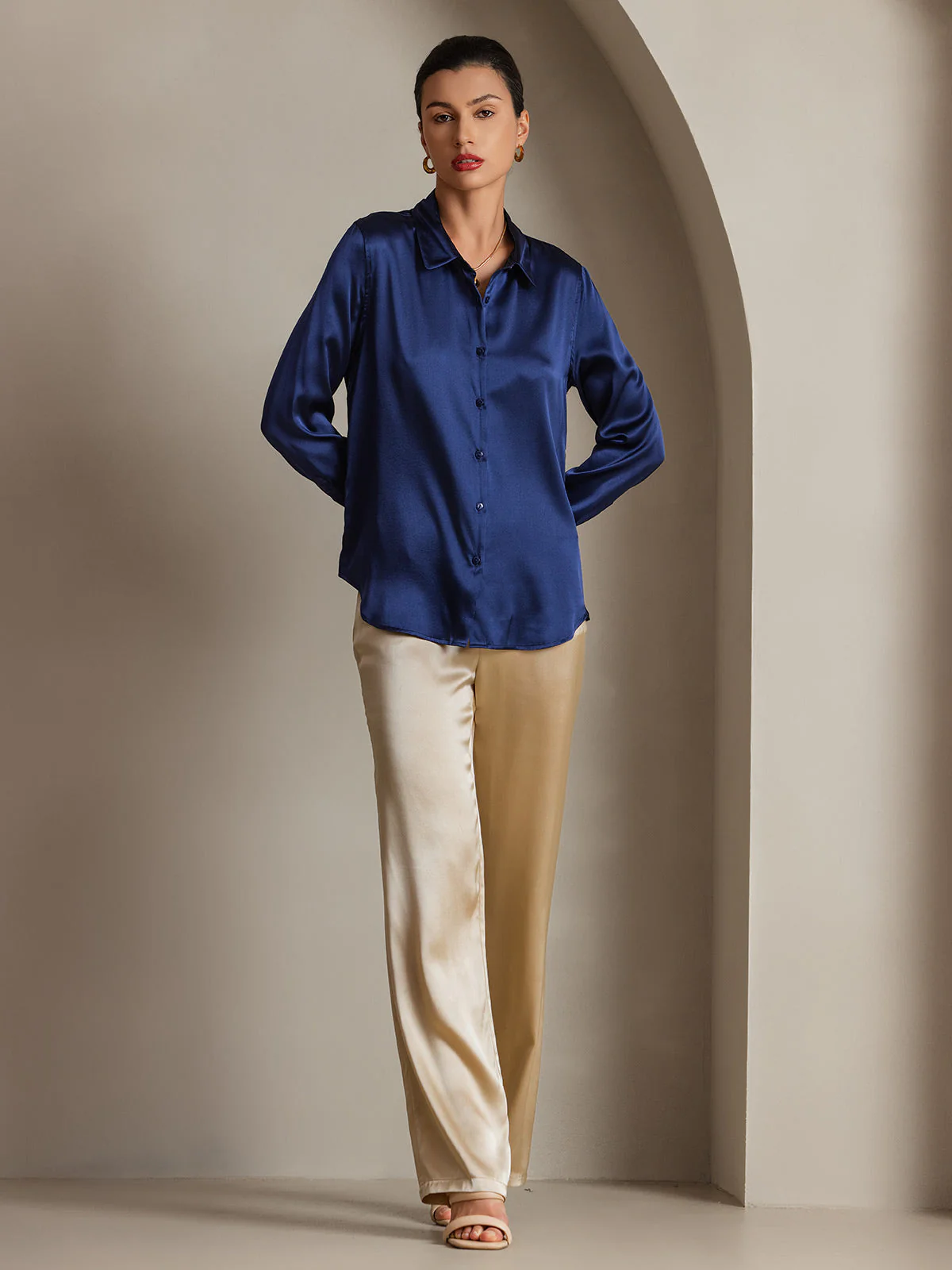 19Momme Silk Long Sleeve Lapel Collar Women's Shirt with Button Up Design - Image 96