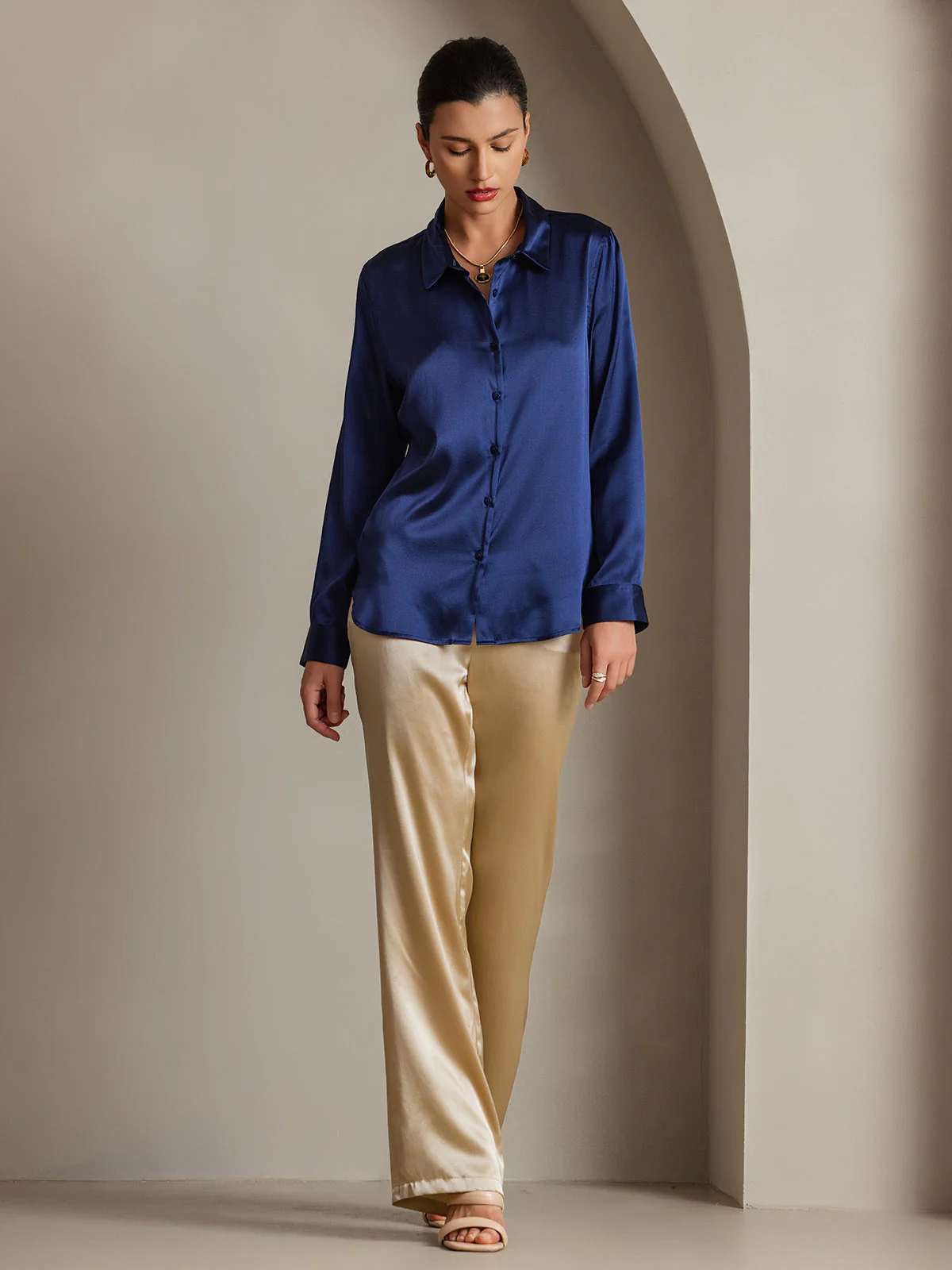 19Momme Silk Long Sleeve Lapel Collar Women's Shirt with Button Up Design - Image 97
