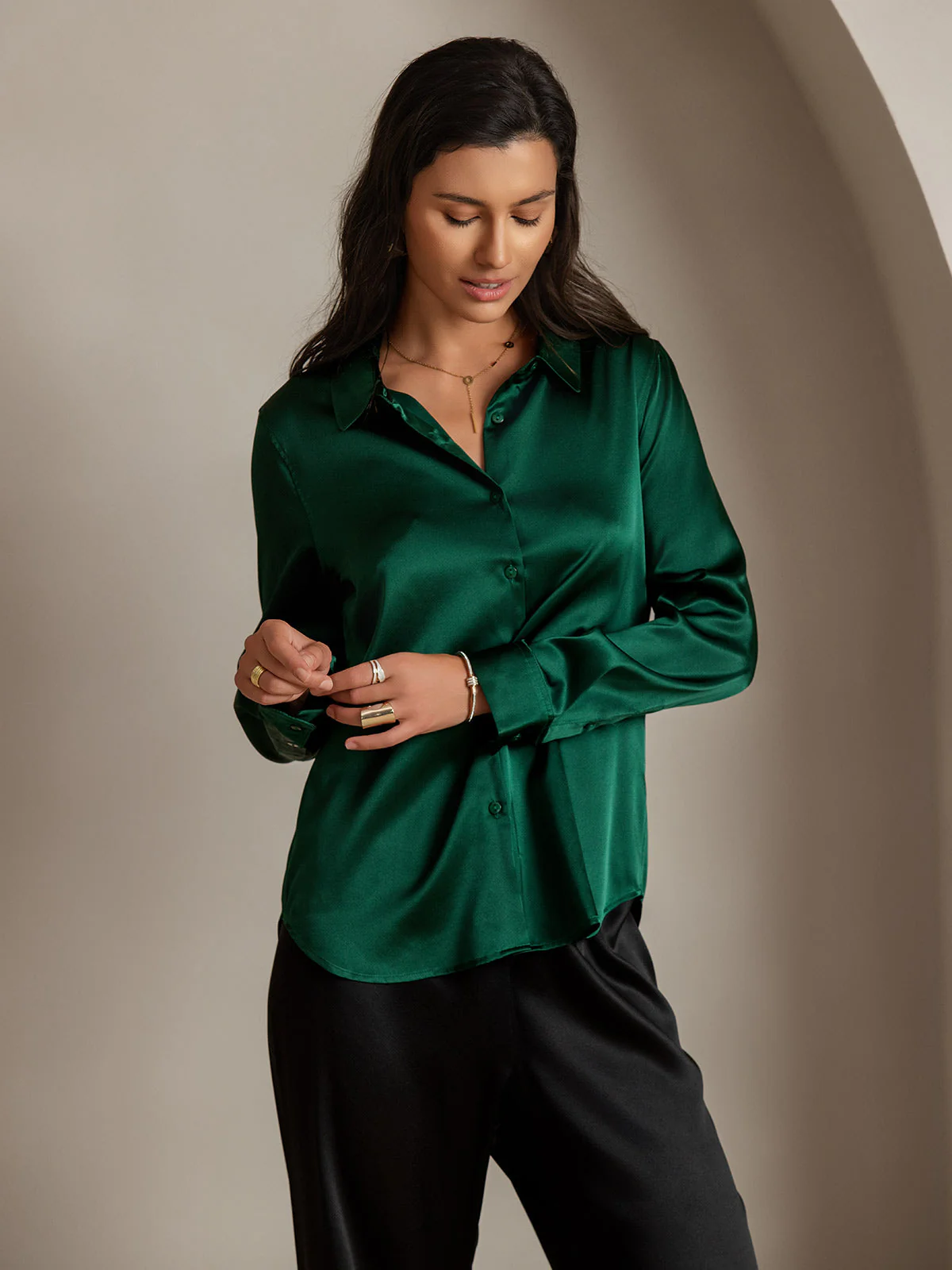 19Momme Silk Long Sleeve Lapel Collar Women's Shirt with Button Up Design - Image 10
