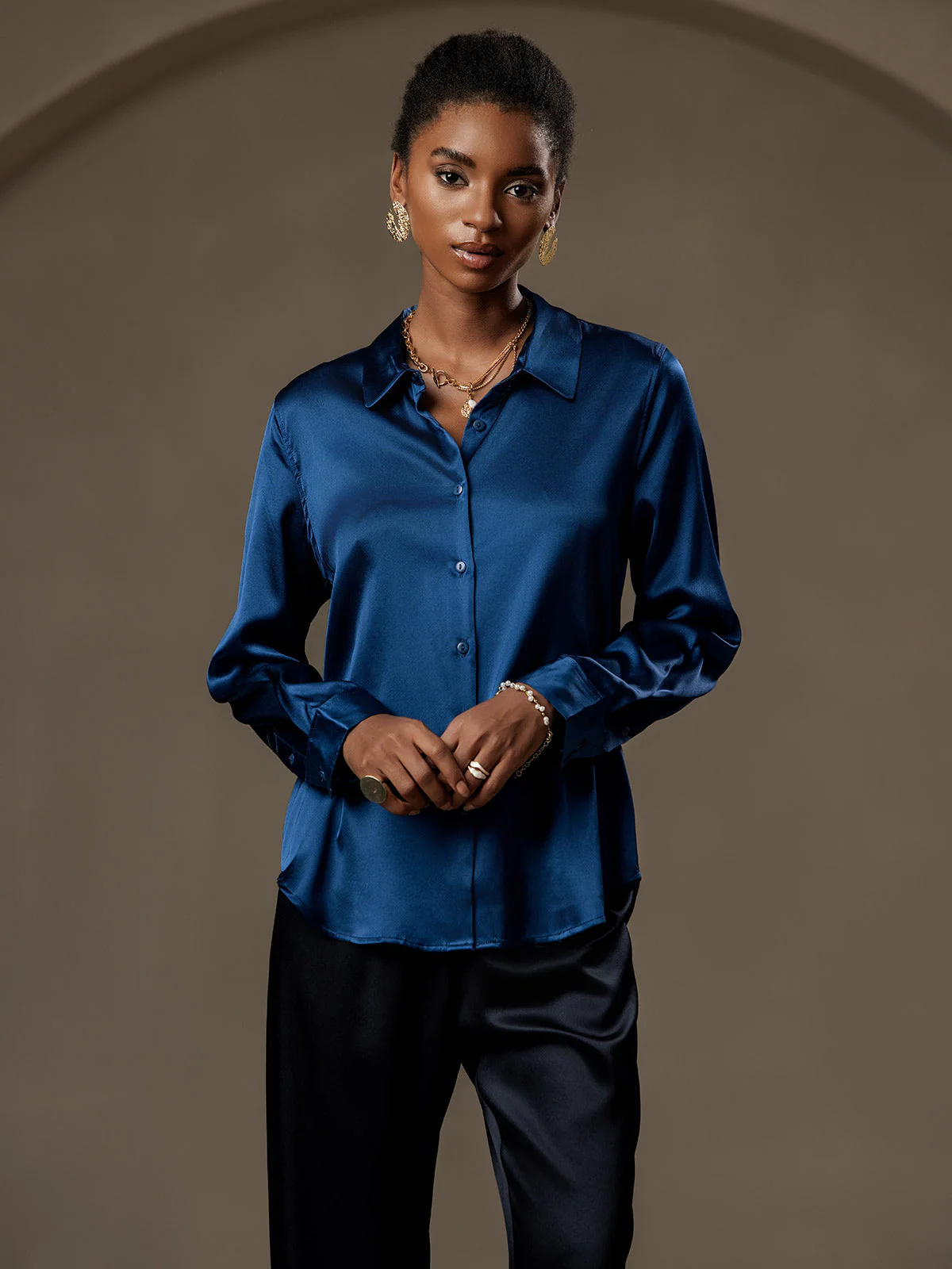 19Momme Silk Long Sleeve Lapel Collar Women's Shirt with Button Up Design - Image 104