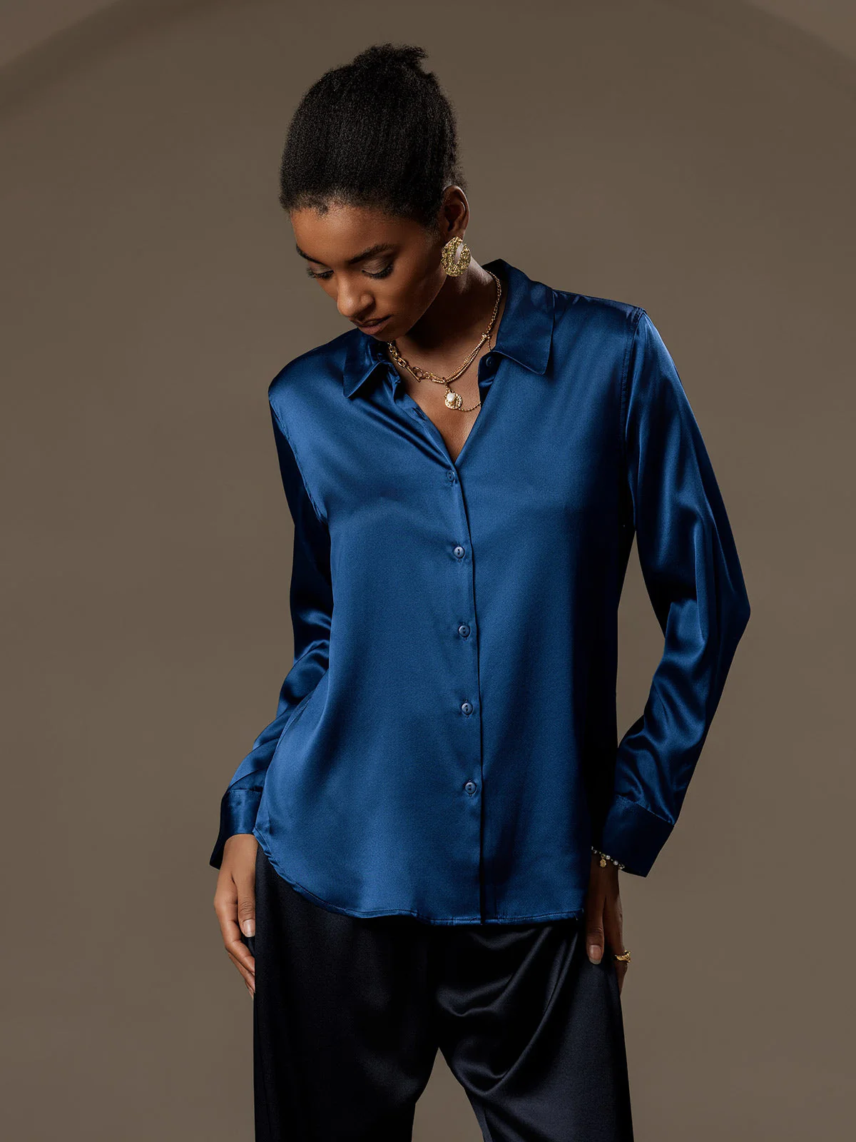 19Momme Silk Long Sleeve Lapel Collar Women's Shirt with Button Up Design - Image 106
