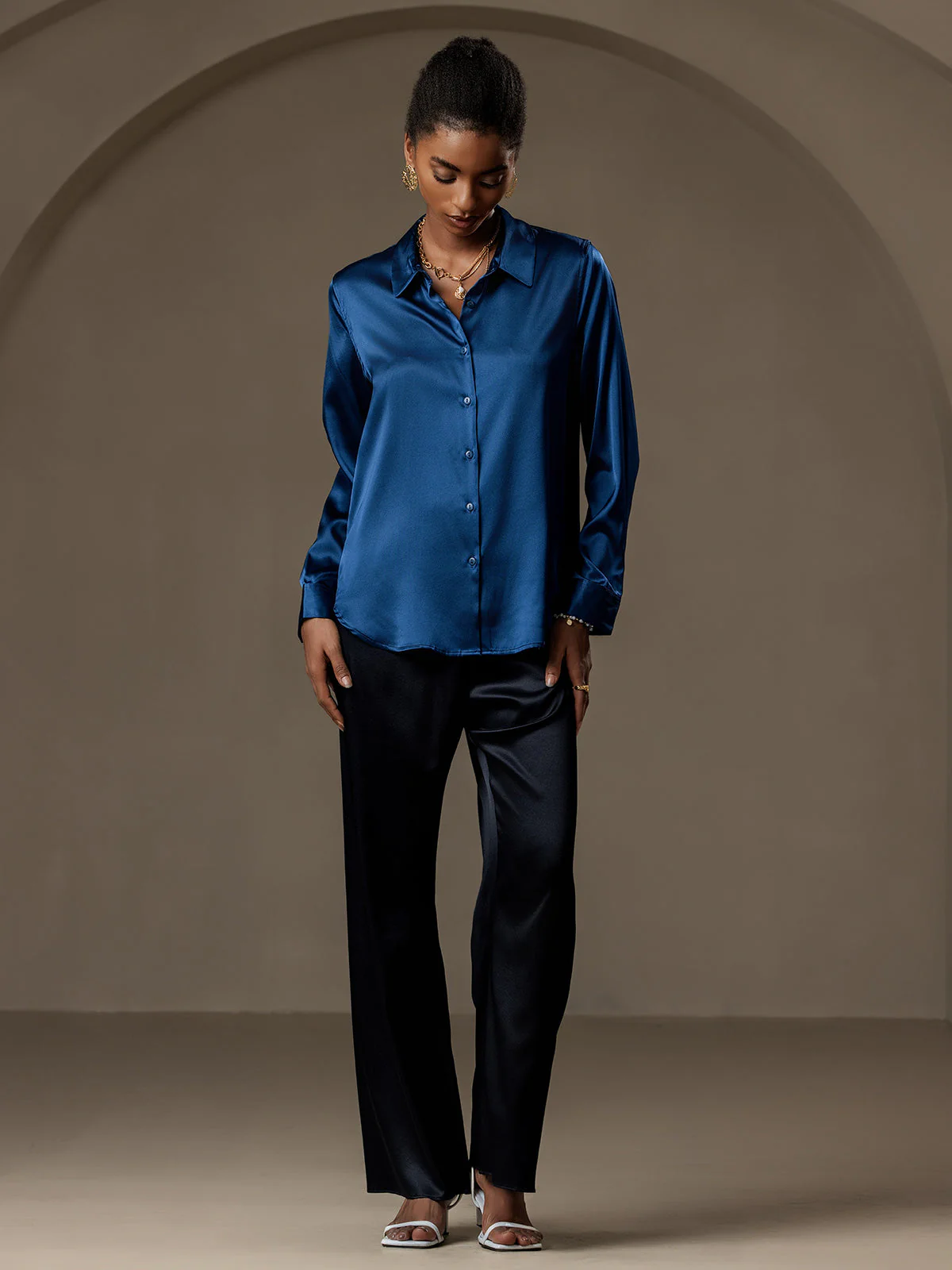 19Momme Silk Long Sleeve Lapel Collar Women's Shirt with Button Up Design - Image 107