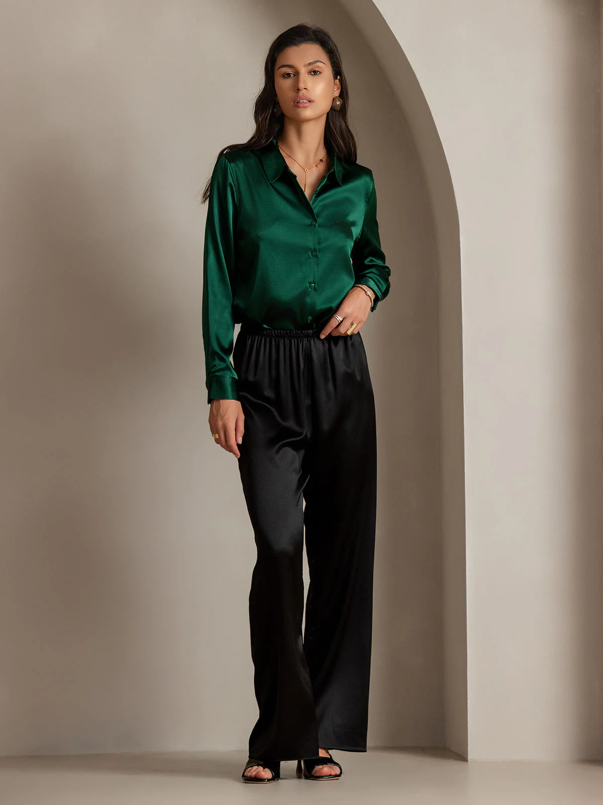 19Momme Silk Long Sleeve Lapel Collar Women's Shirt with Button Up Design - Image 11