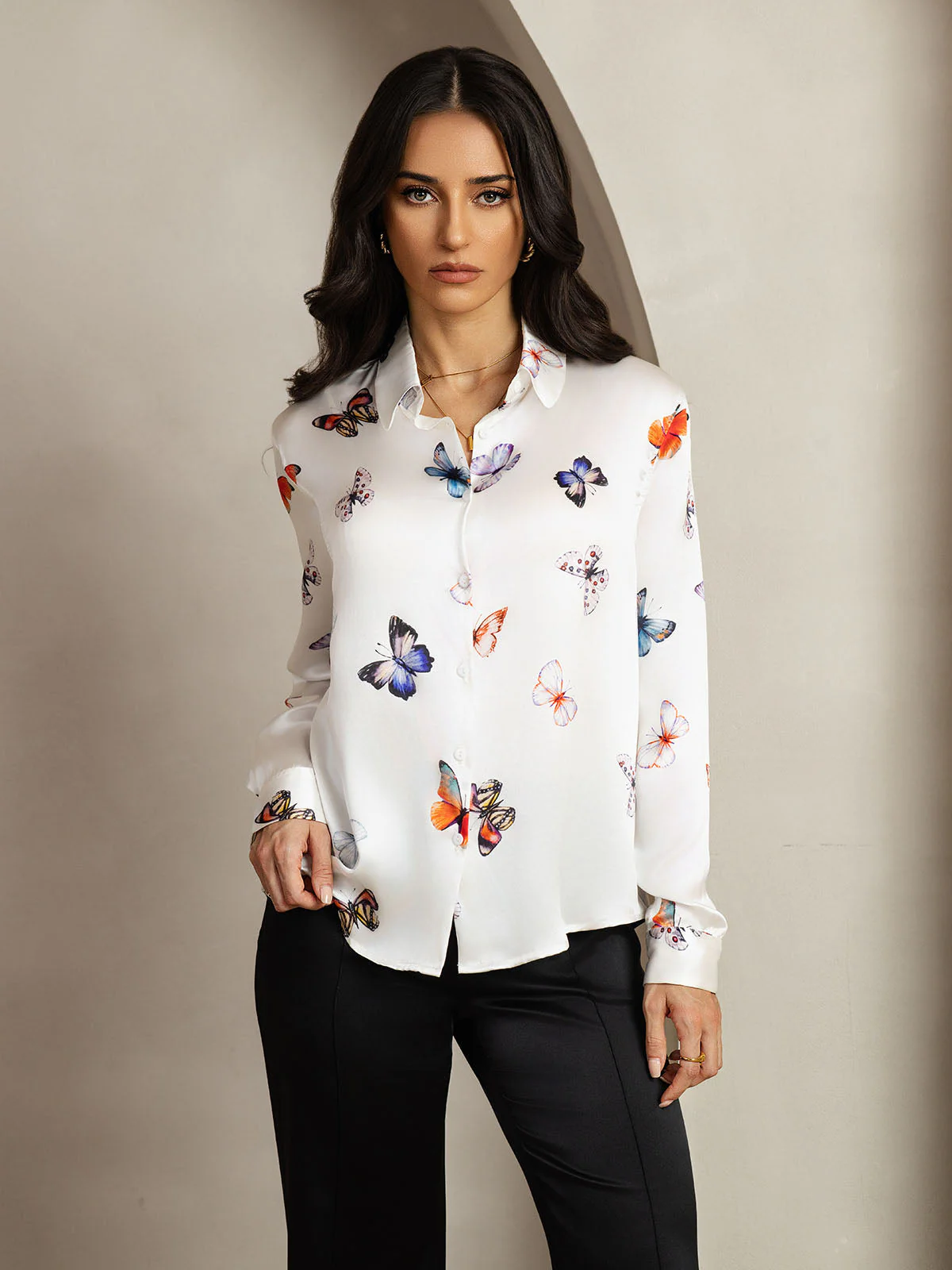 19Momme Silk Long Sleeve Lapel Collar Women's Shirt with Button Up Design - Image 115