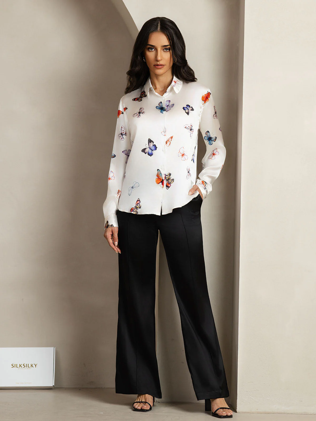 19Momme Silk Long Sleeve Lapel Collar Women's Shirt with Button Up Design - Image 118