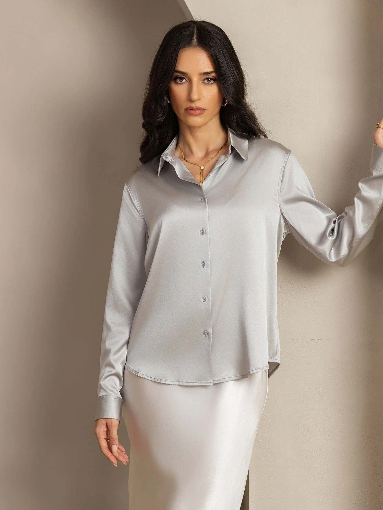 19Momme Silk Long Sleeve Lapel Collar Women's Shirt with Button Up Design - Image 129