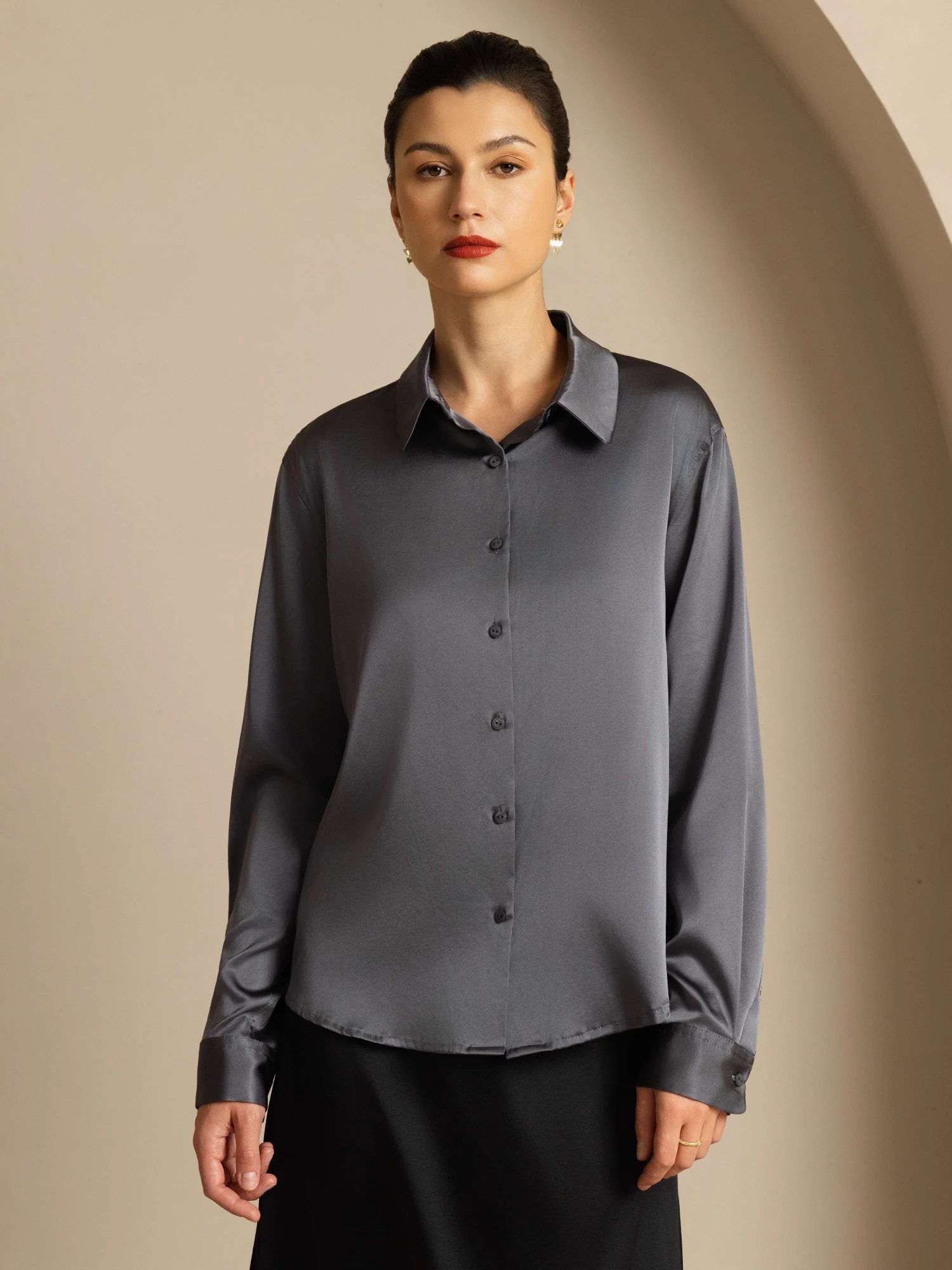 19Momme Silk Long Sleeve Lapel Collar Women's Shirt with Button Up Design - Image 138
