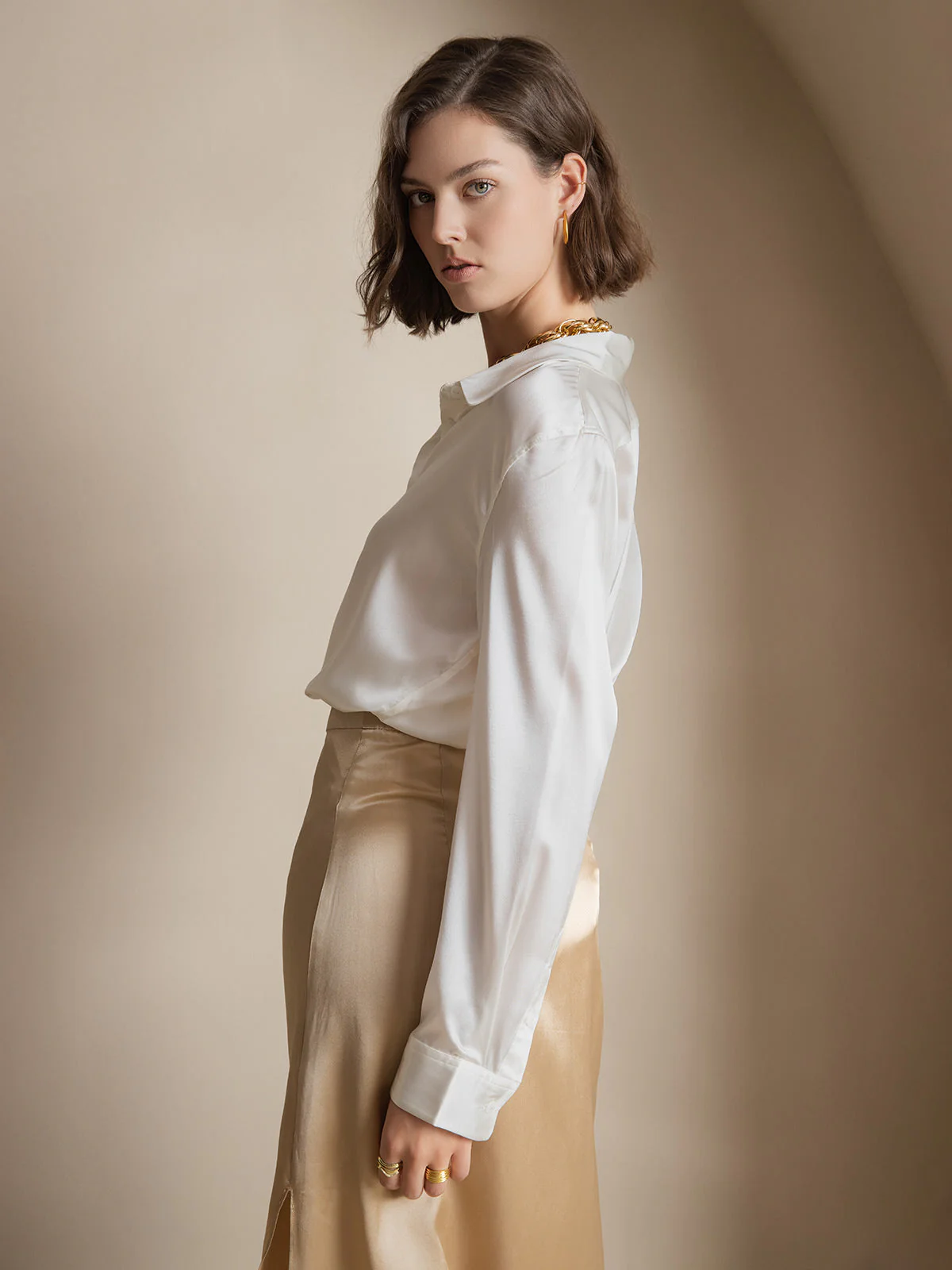 19Momme Silk Long Sleeve Lapel Collar Women's Shirt with Button Up Design - Image 15