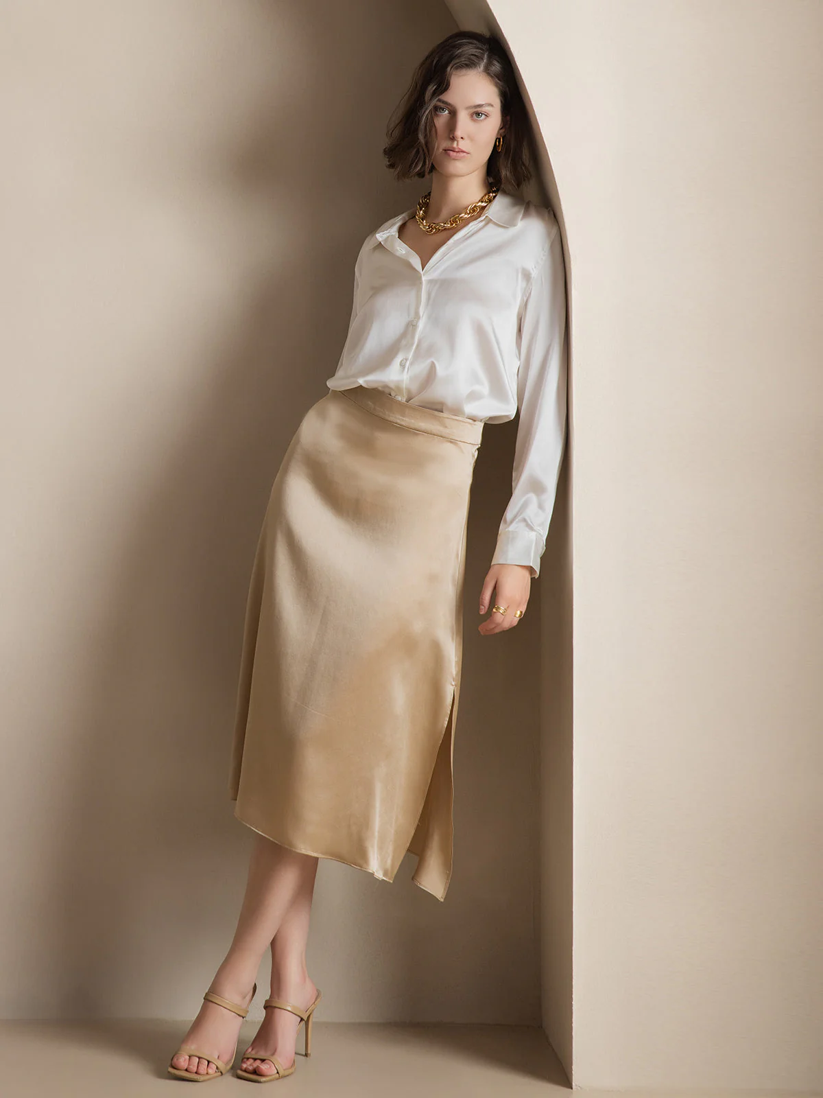 19Momme Silk Long Sleeve Lapel Collar Women's Shirt with Button Up Design - Image 16