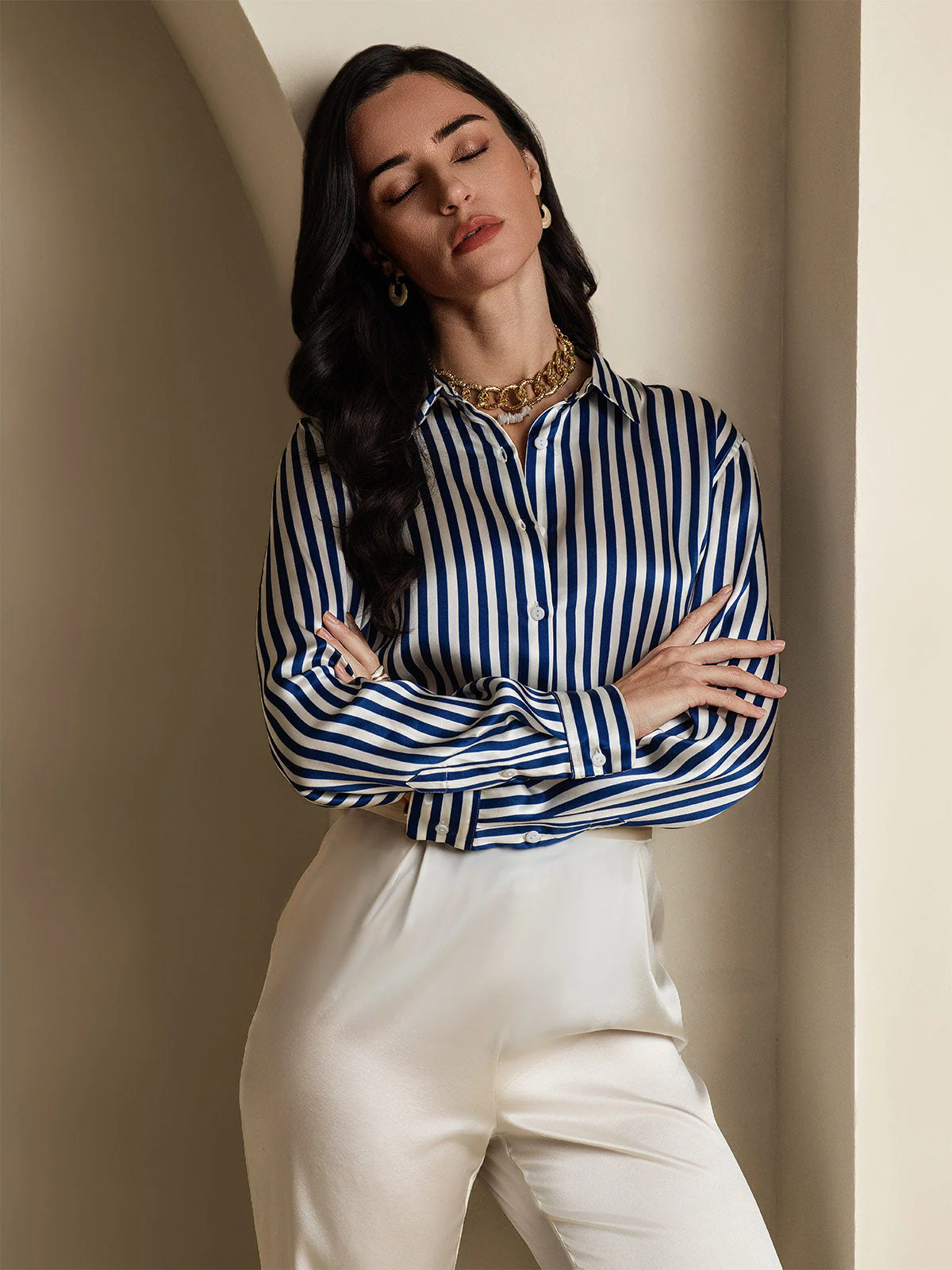 19Momme Silk Long Sleeve Lapel Collar Women's Shirt with Button Up Design - Image 19