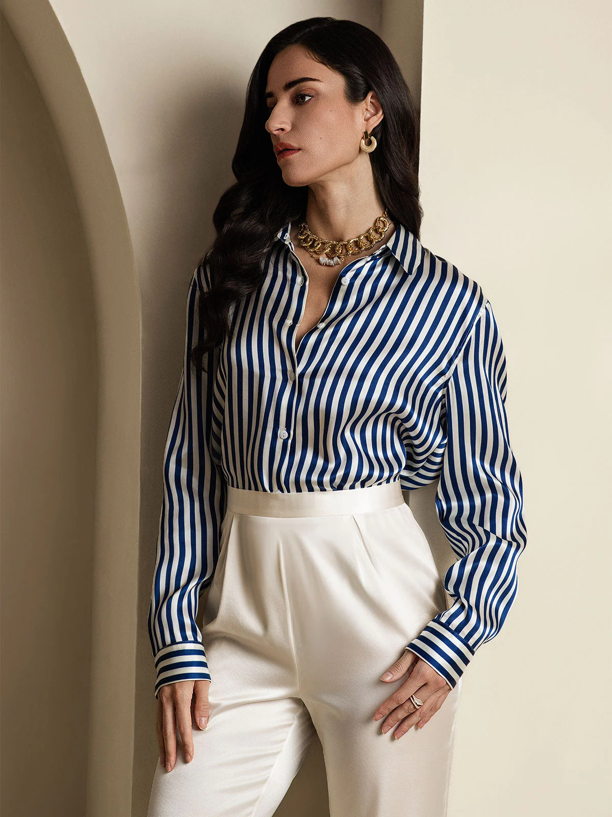 19Momme Silk Long Sleeve Lapel Collar Women's Shirt with Button Up Design - Image 23