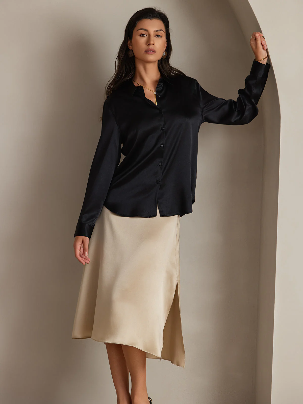19Momme Silk Long Sleeve Lapel Collar Women's Shirt with Button Up Design - Image 28