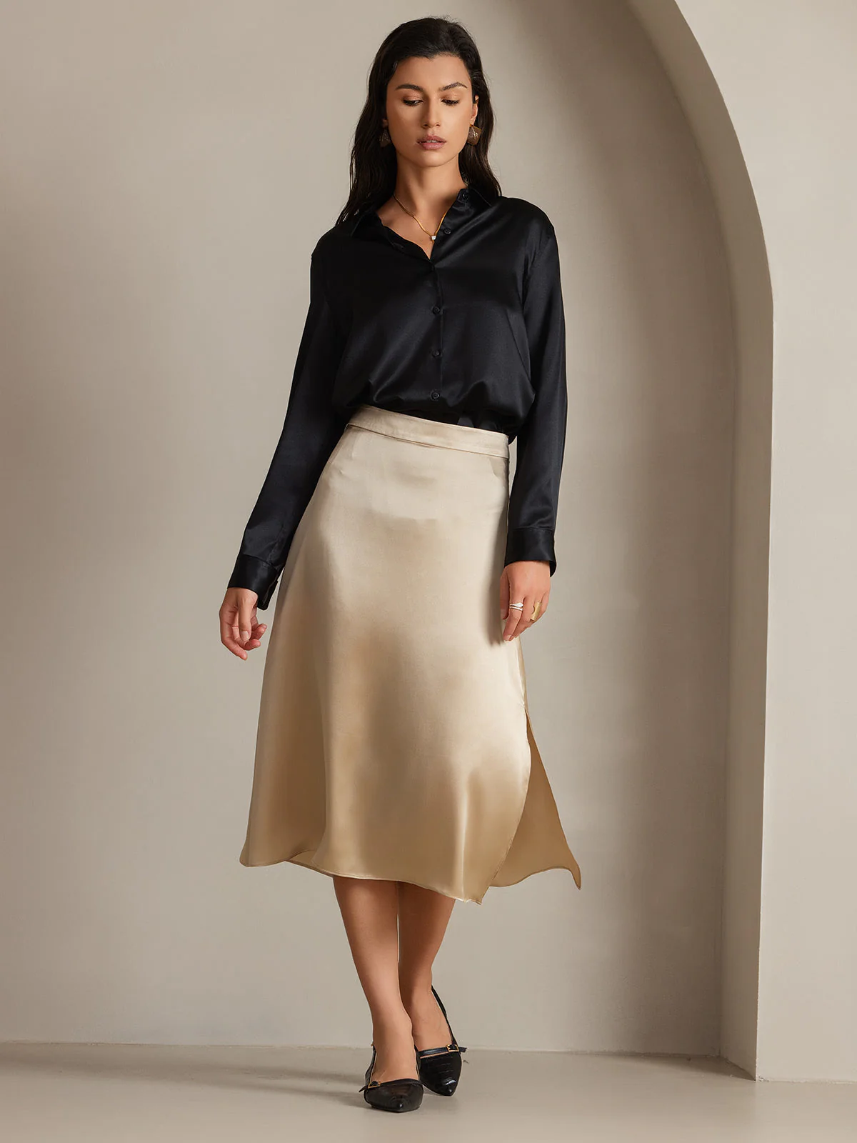 19Momme Silk Long Sleeve Lapel Collar Women's Shirt with Button Up Design - Image 30