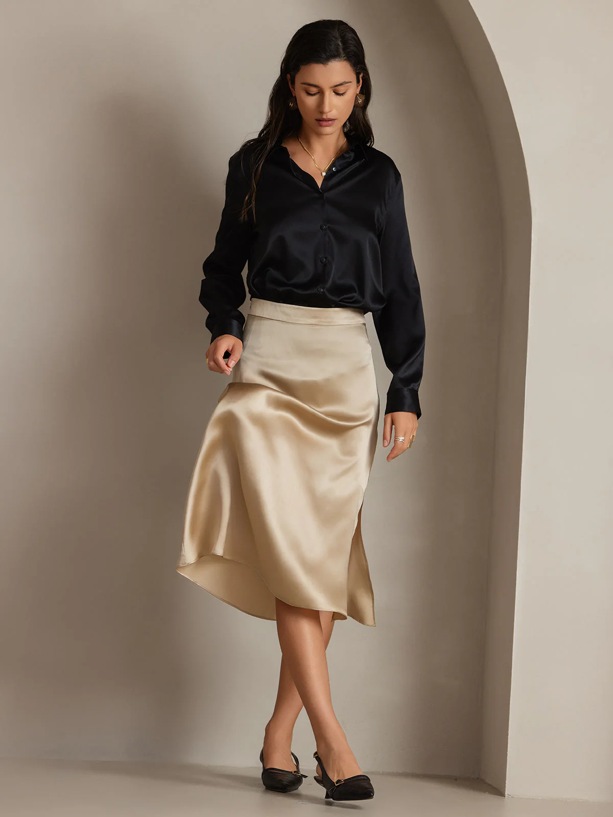 19Momme Silk Long Sleeve Lapel Collar Women's Shirt with Button Up Design - Image 32