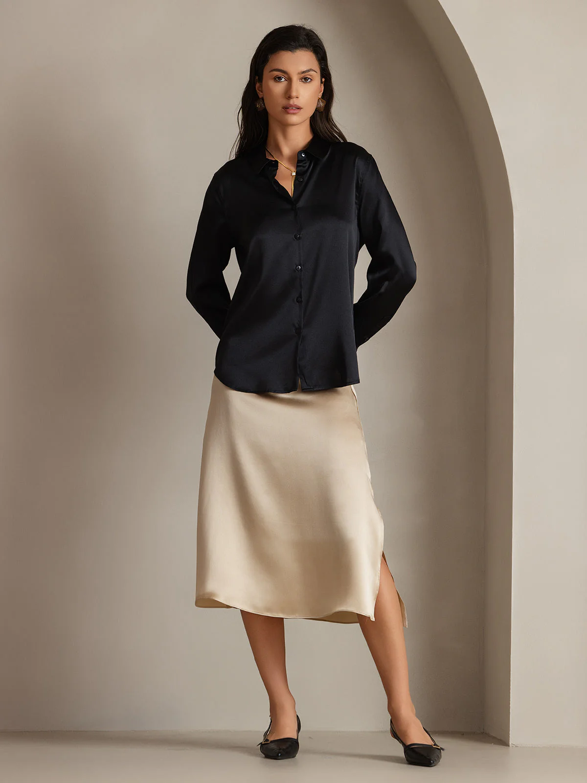 19Momme Silk Long Sleeve Lapel Collar Women's Shirt with Button Up Design - Image 33