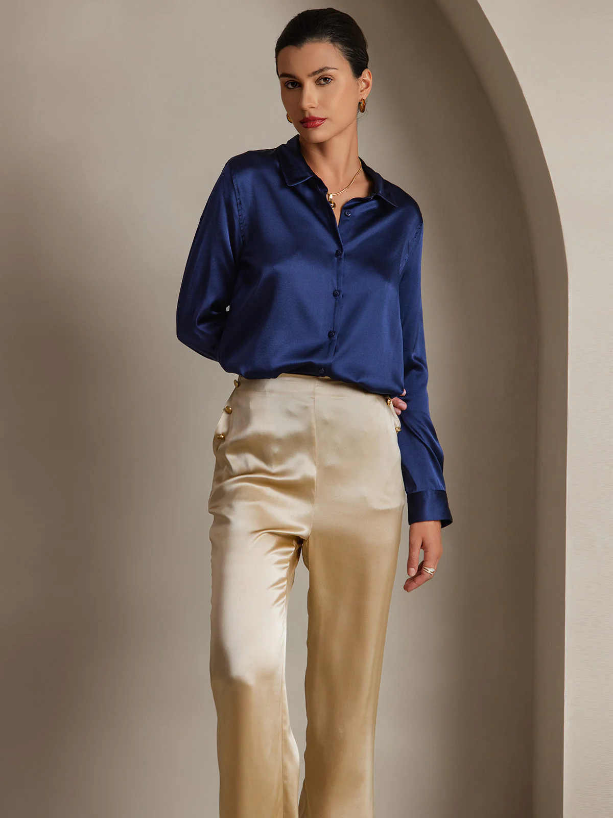 19Momme Silk Long Sleeve Lapel Collar Women's Shirt with Button Up Design - Image 42