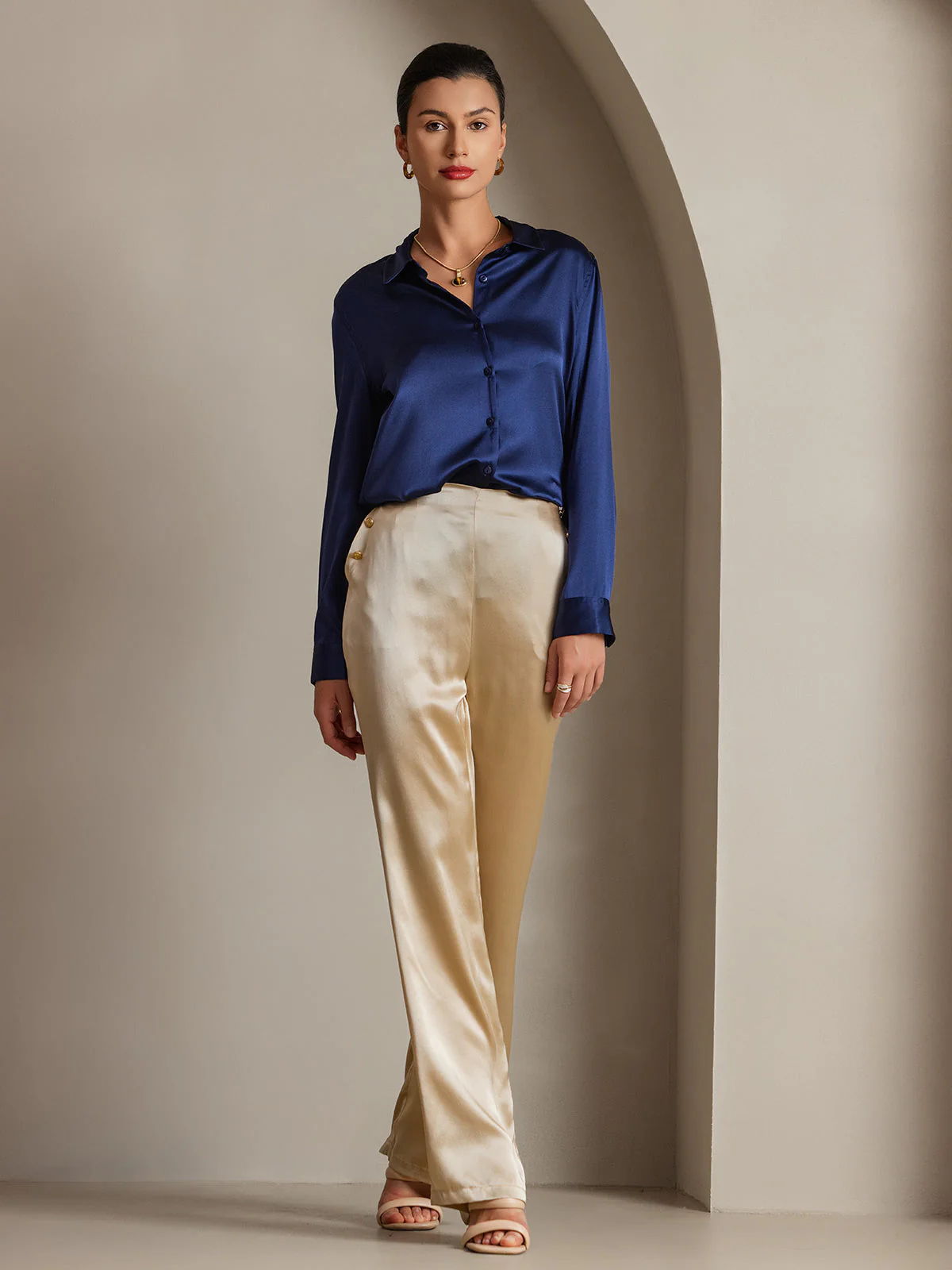 19Momme Silk Long Sleeve Lapel Collar Women's Shirt with Button Up Design - Image 44