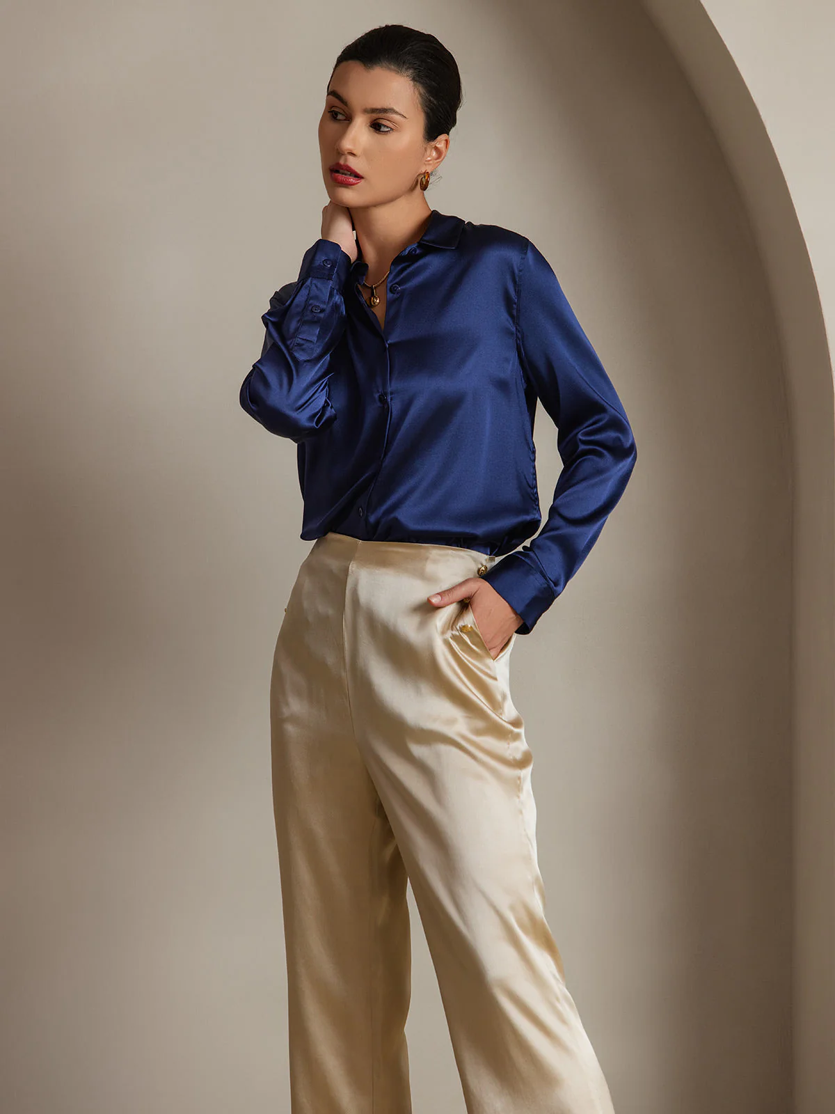 19Momme Silk Long Sleeve Lapel Collar Women's Shirt with Button Up Design - Image 46