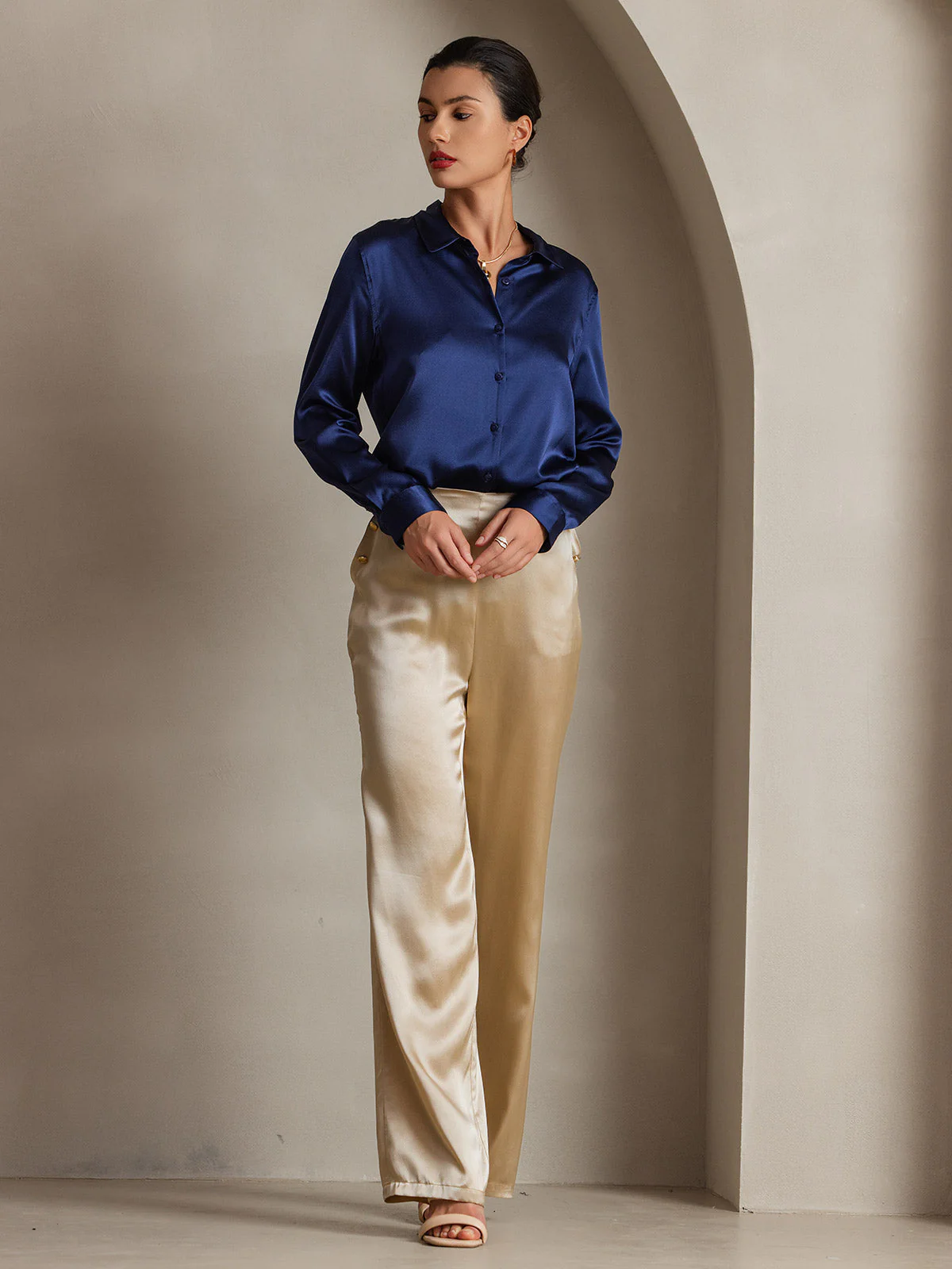 19Momme Silk Long Sleeve Lapel Collar Women's Shirt with Button Up Design - Image 47