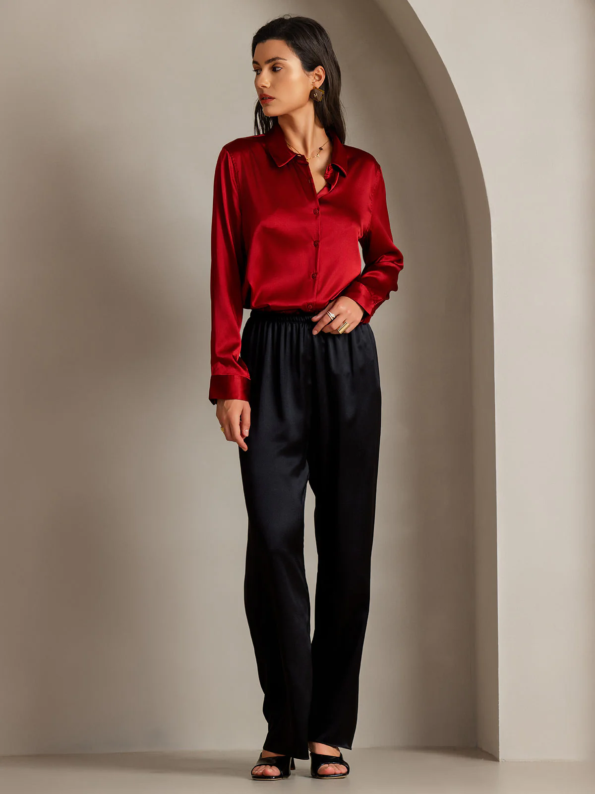19Momme Silk Long Sleeve Lapel Collar Women's Shirt with Button Up Design - Image 6