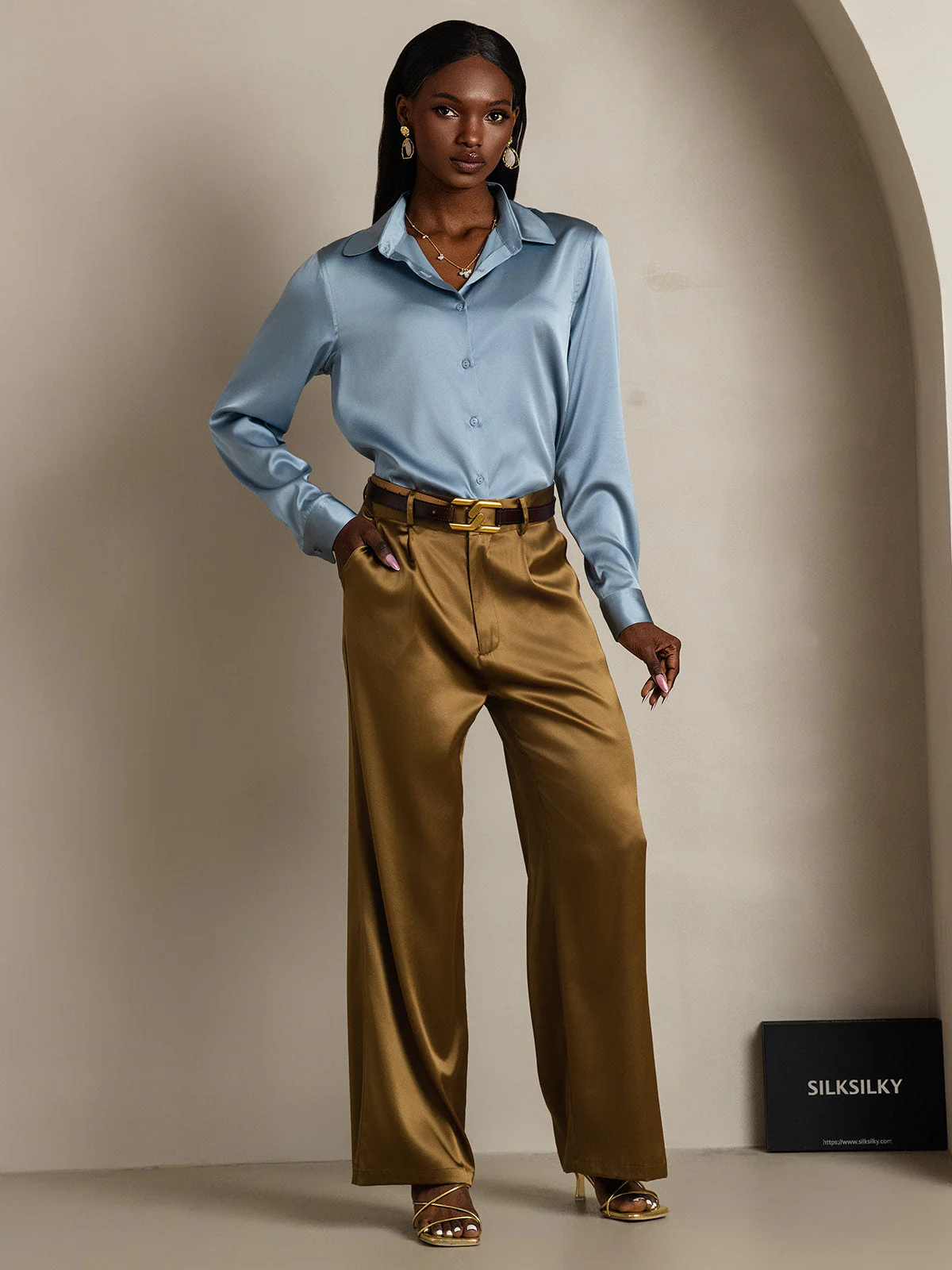 19Momme Silk Long Sleeve Lapel Collar Women's Shirt with Button Up Design - Image 70