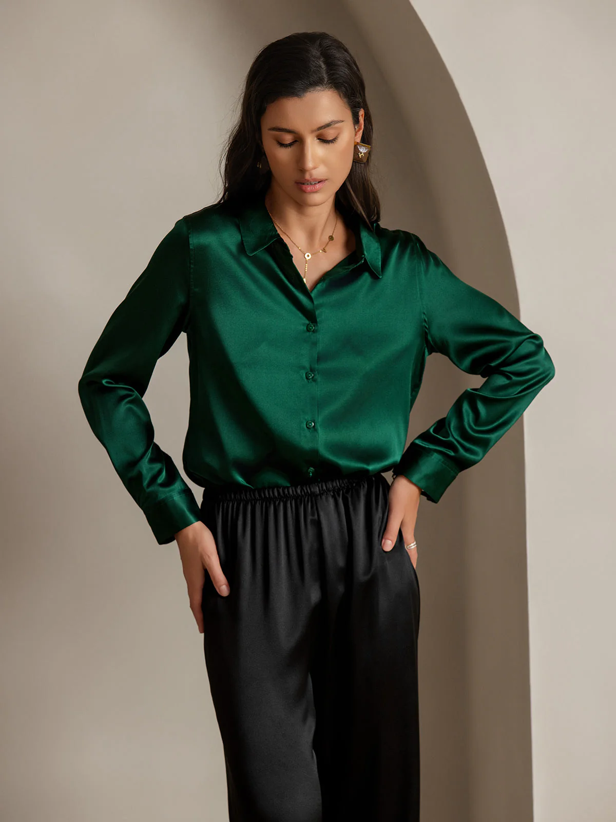 19Momme Silk Long Sleeve Lapel Collar Women's Shirt with Button Up Design - Image 9