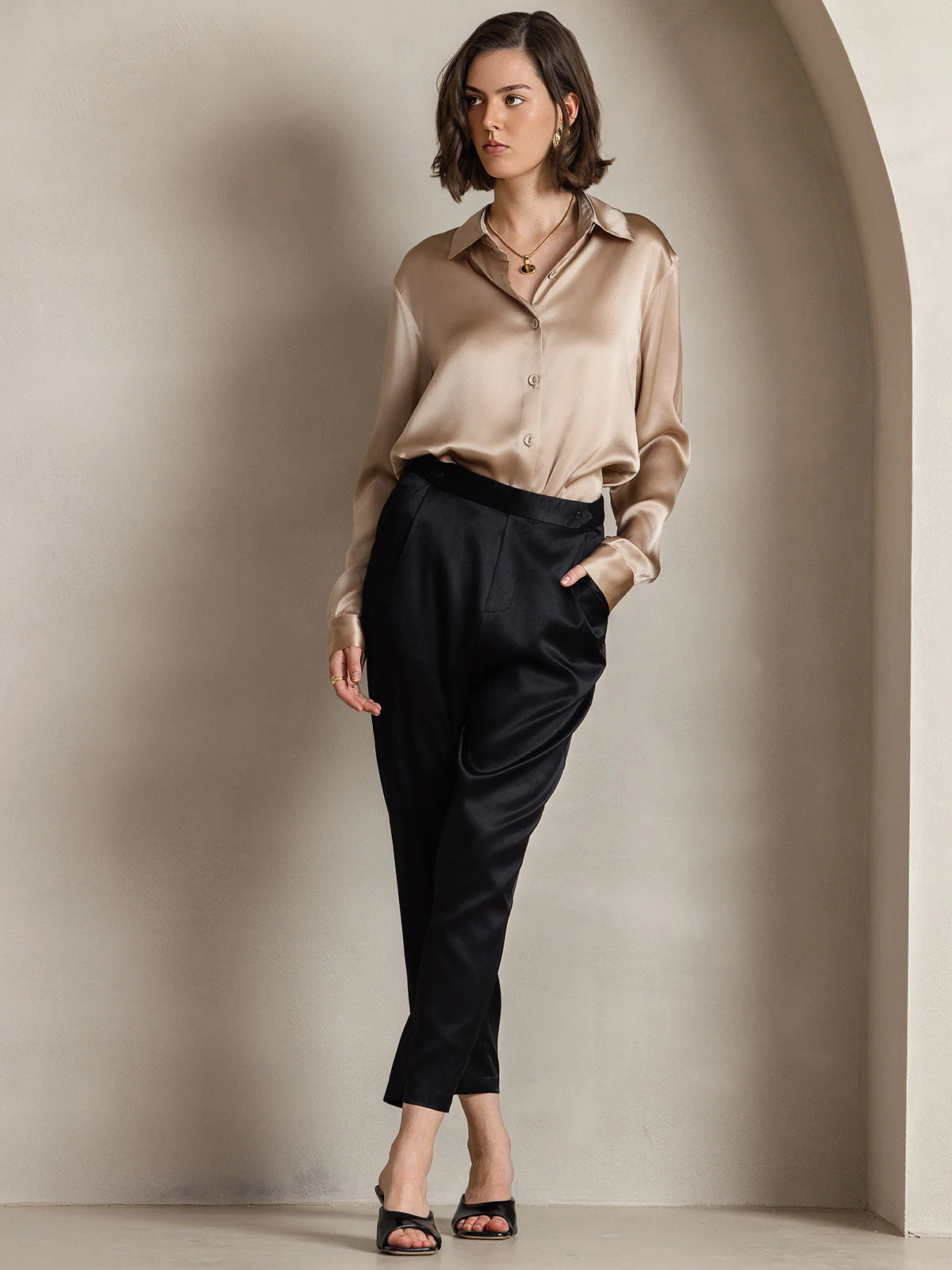 19Momme Silk Long Sleeve Lapel Collar Women's Shirt with Button Up Design - Image 92