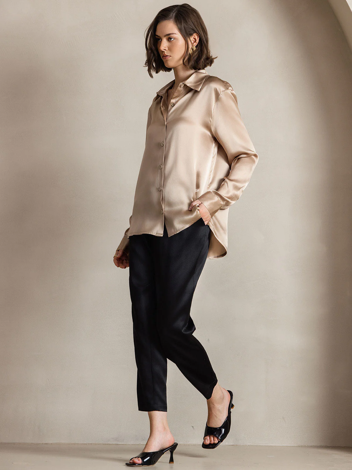 19Momme Silk Long Sleeve Lapel Collar Women's Shirt with Button Up Design - Image 93