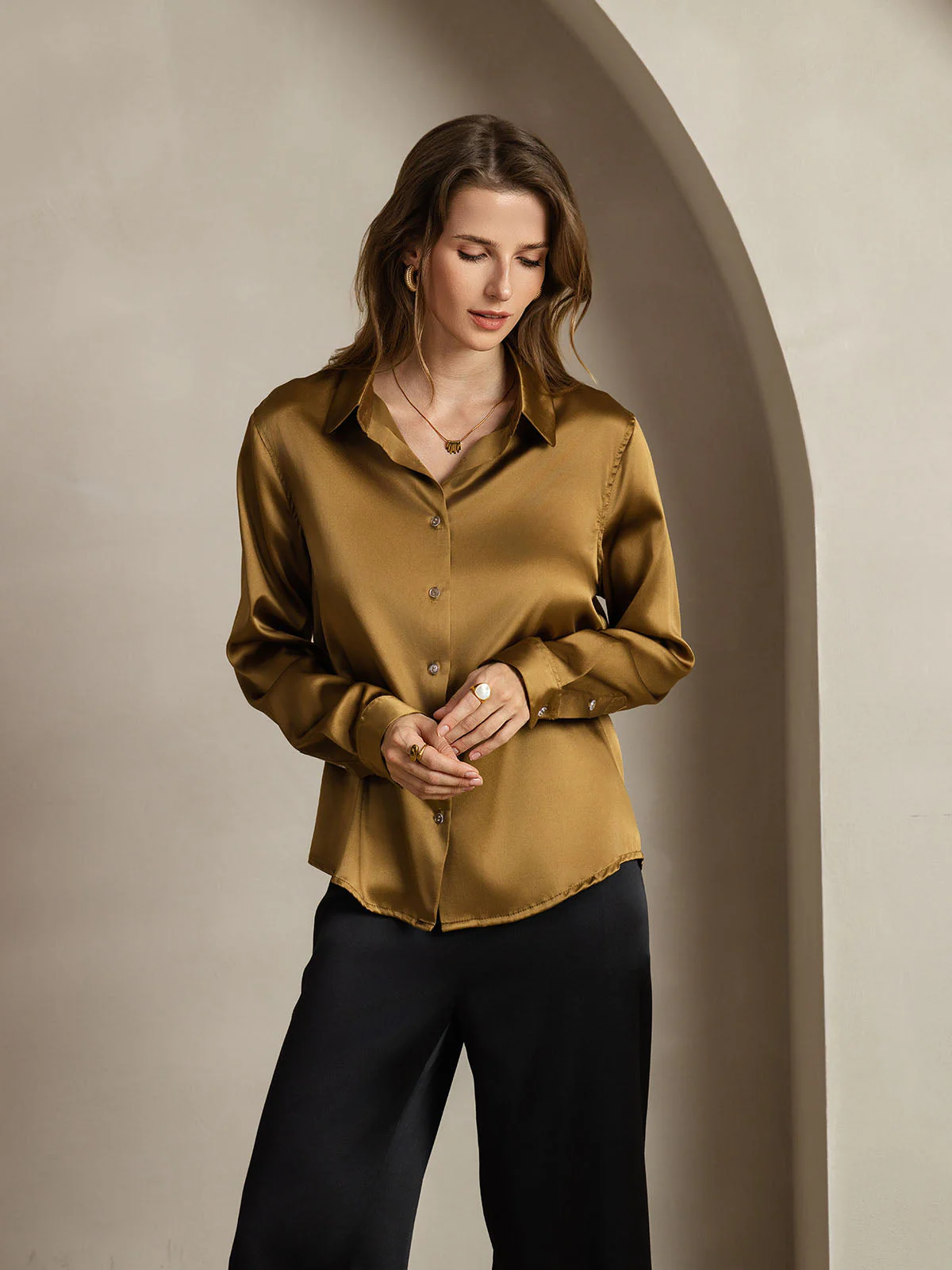 Clearance(Ships to UK Only) - 19Momme Silk Long Sleeve Lapel Collar Women's Shirt with Button Up Design - Image 9