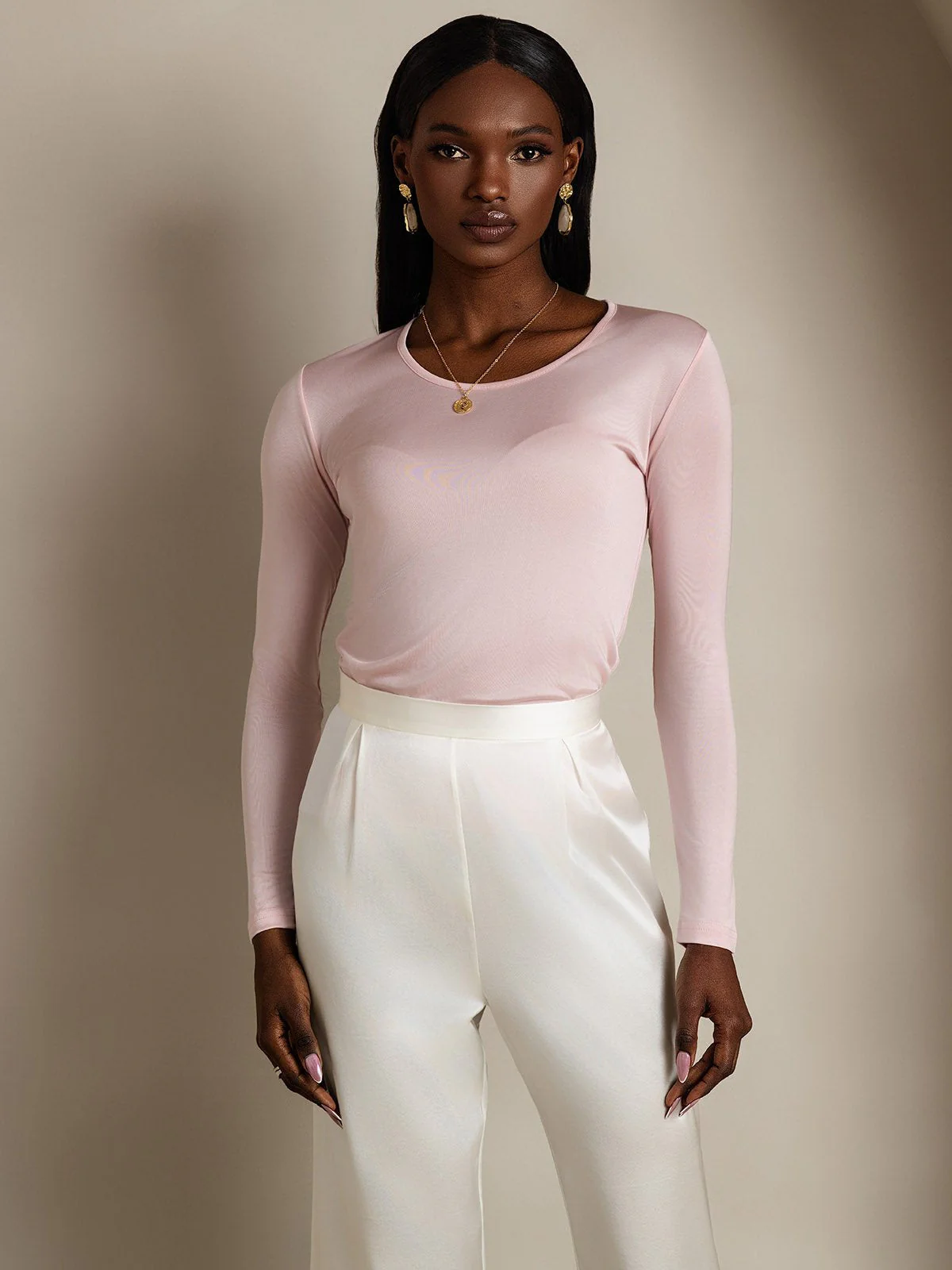 Women's Silk Long Sleeve Round Neck Top - Image 39