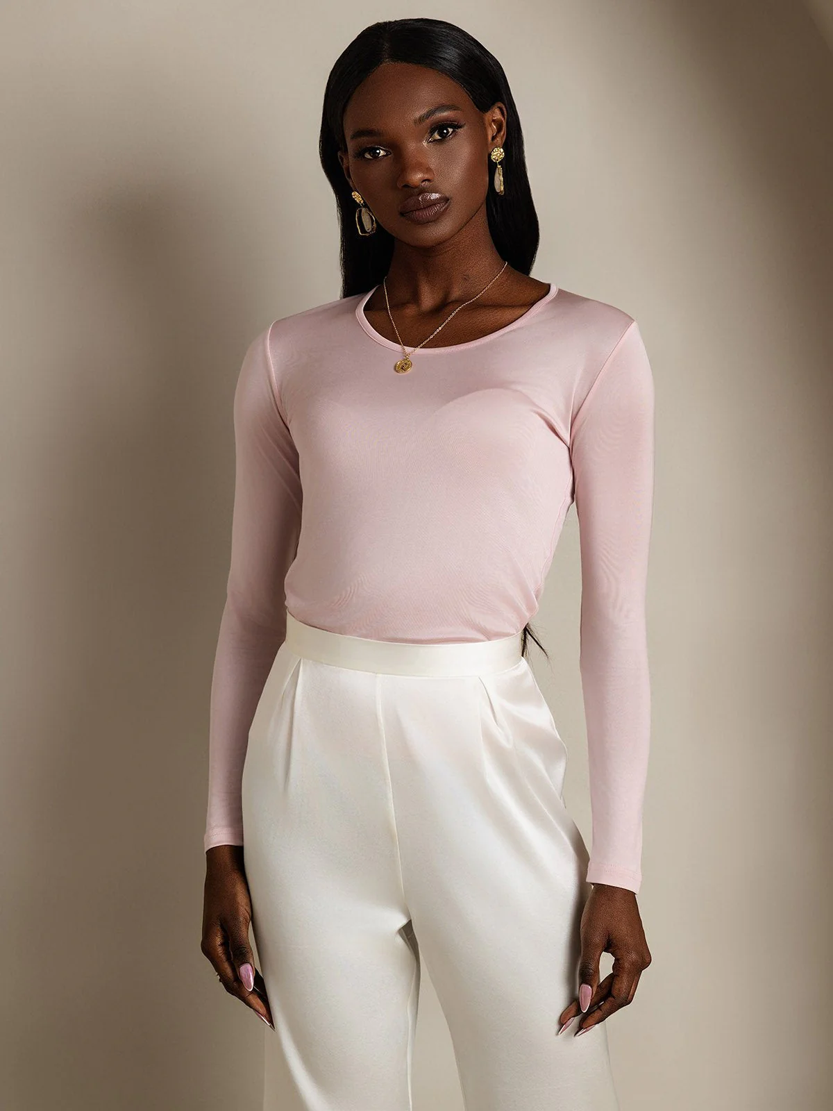 Women's Silk Long Sleeve Round Neck Top - Image 41