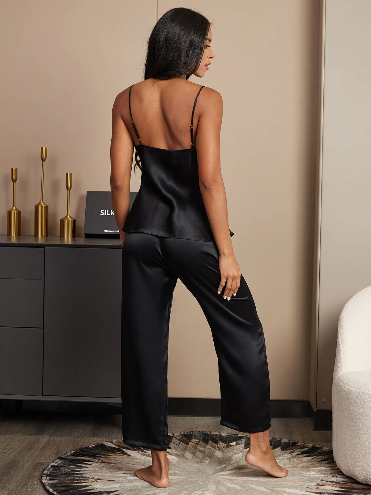 Pure Silk Spaghetti Strap V Neck Cami & Pants Set - Image 13
