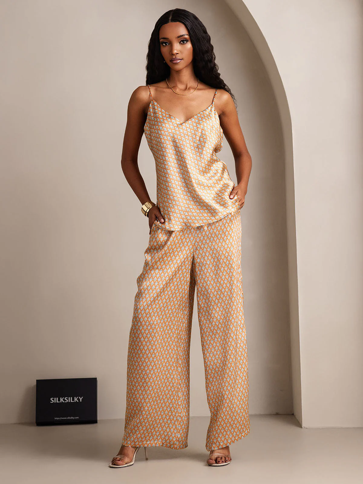 Clearance(Ships to UK Only) - Women's Pure Silk Geometric Print Spaghetti Strap V Neck Cami & Wide Leg Pants Set