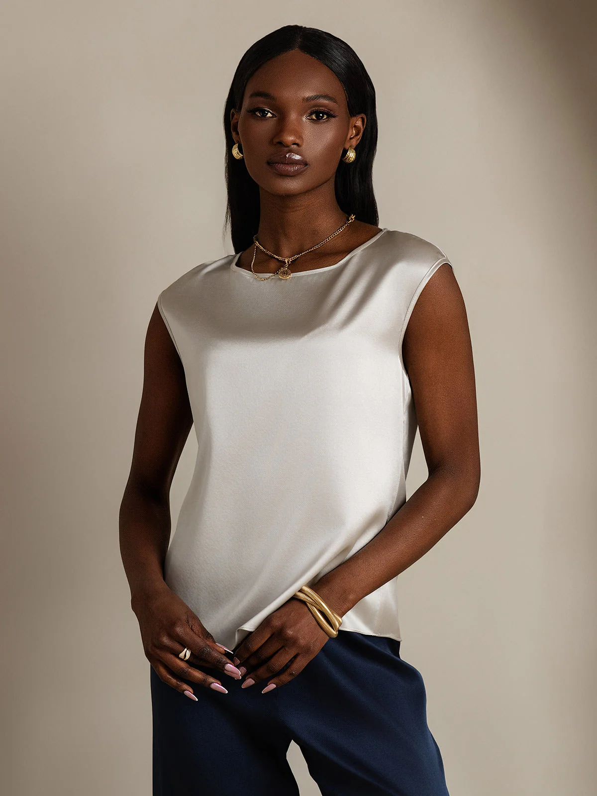 19Momme Women's Silk Cap Sleeve Round Neck Top - Image 18